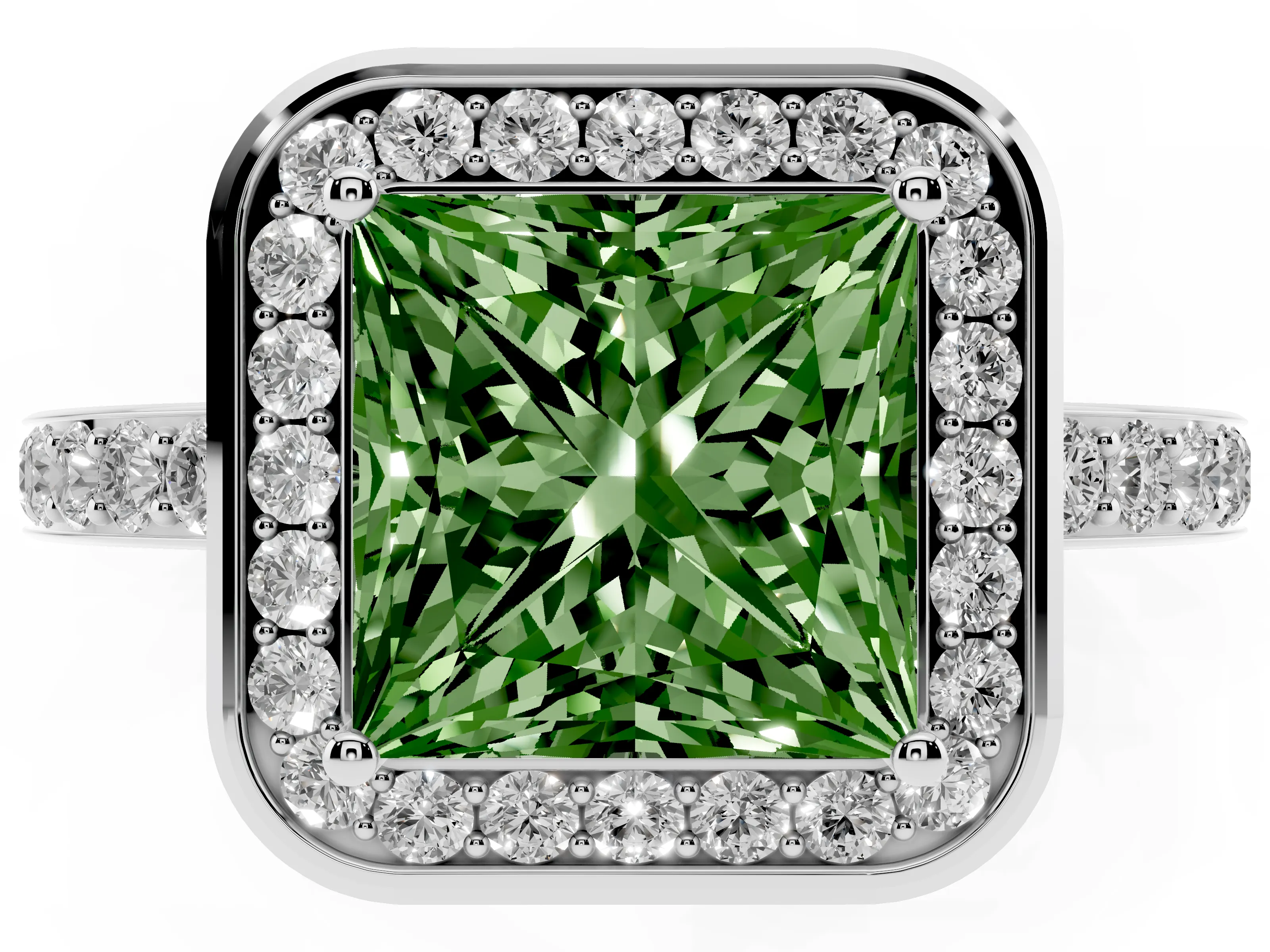 Fancy Green Princess Cut Diamond Halo Ring Set in White gold with Bezel Frame and Pavé Band