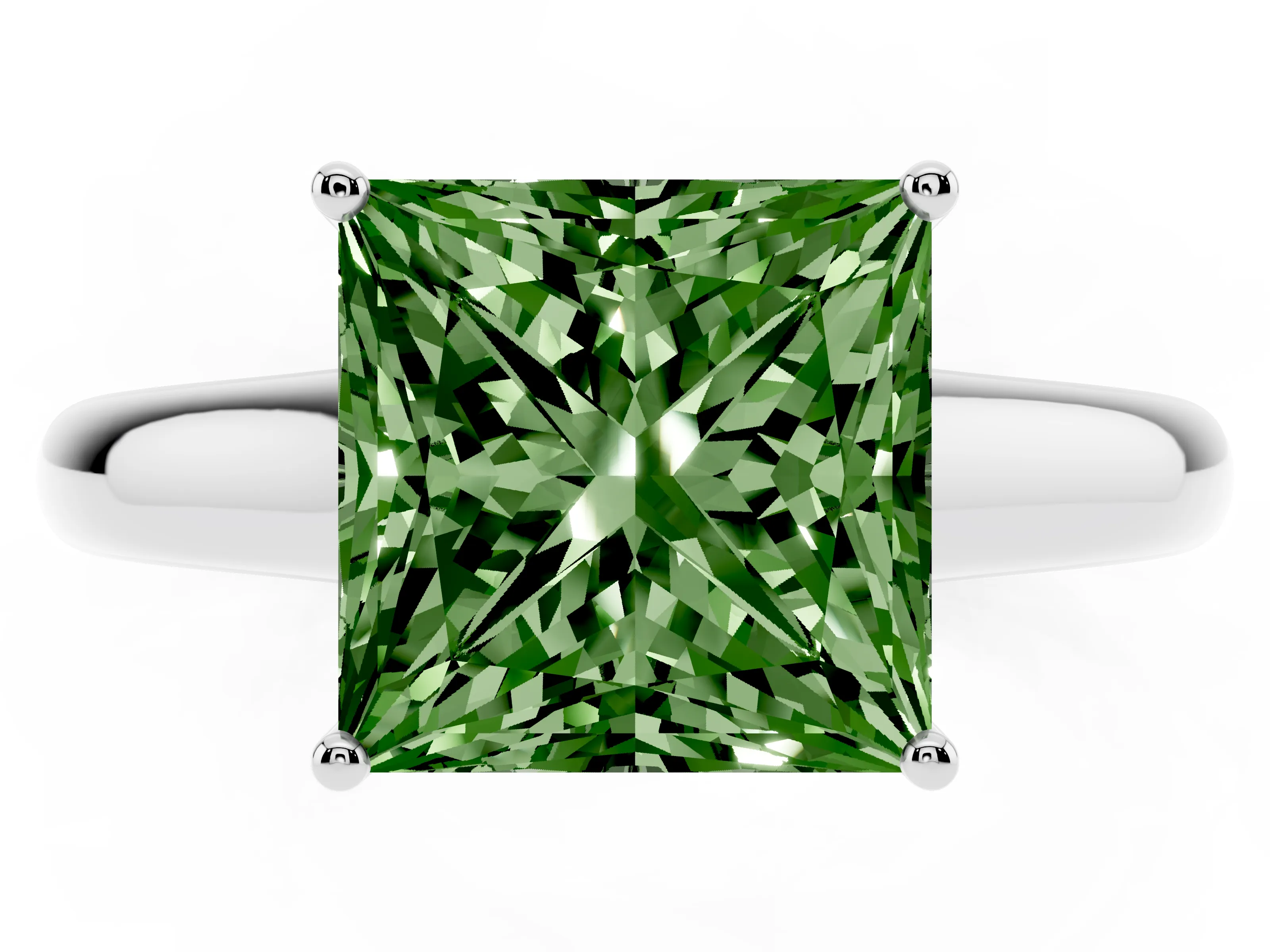 Fancy Green Princess Cut Diamond Solitaire Engagement Ring Set in Platinum with Subtly Tapered Band and Prong Setting