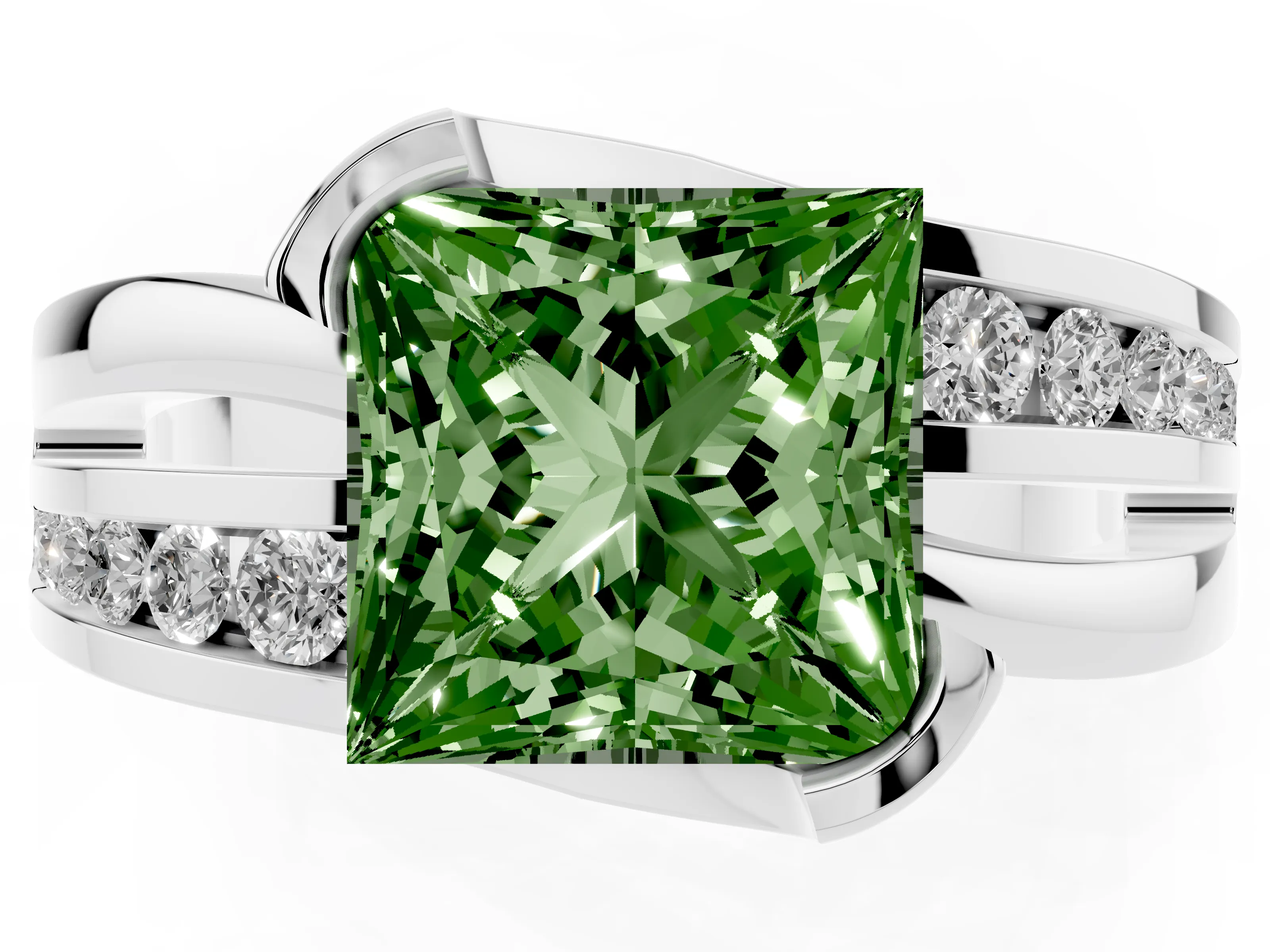 Fancy Green Princess Cut Diamond Solitaire Ring Set in Silver with Channel Set Split Shank and Tension Prongs