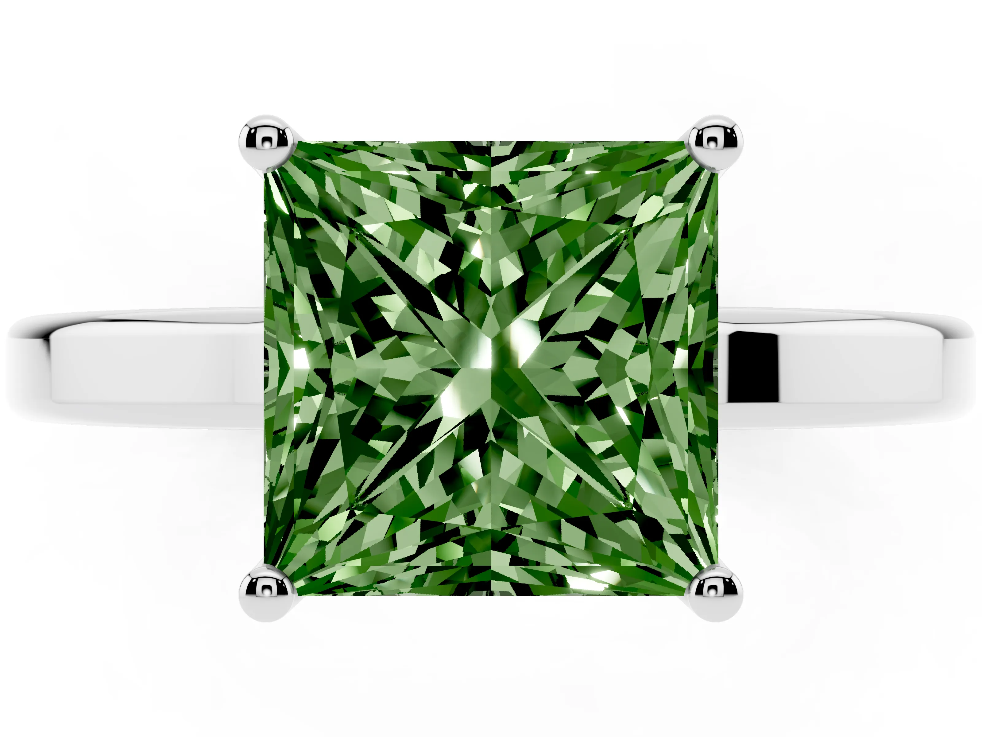 Fancy Green Princess Cut Diamond Solitaire Engagement Ring Set in Silver with Prong Setting on a Plain Band