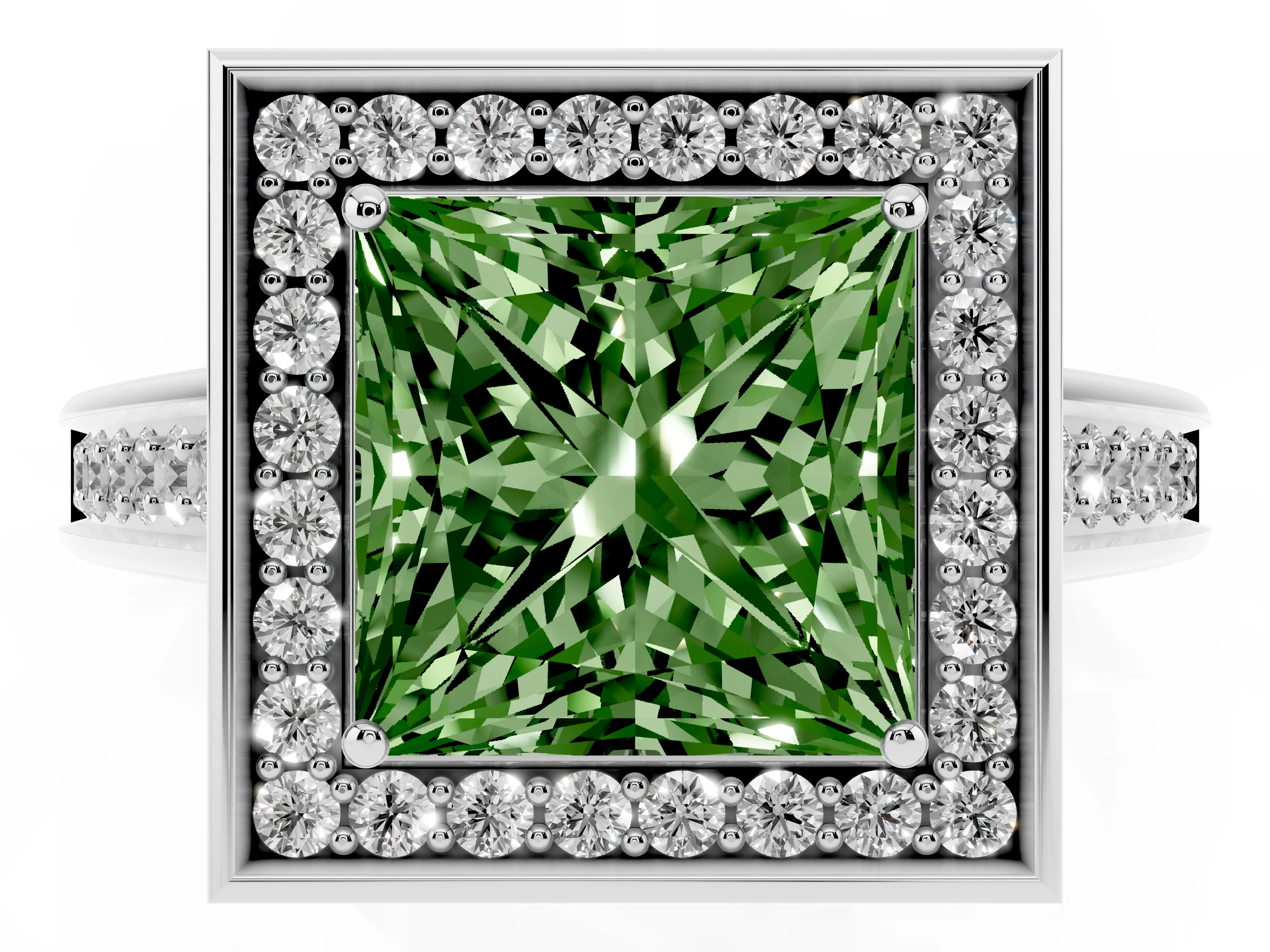 Fancy Green Princess Cut Diamond Halo Solitaire Ring Set in Platinum with Pavé Band and Bezel Setting