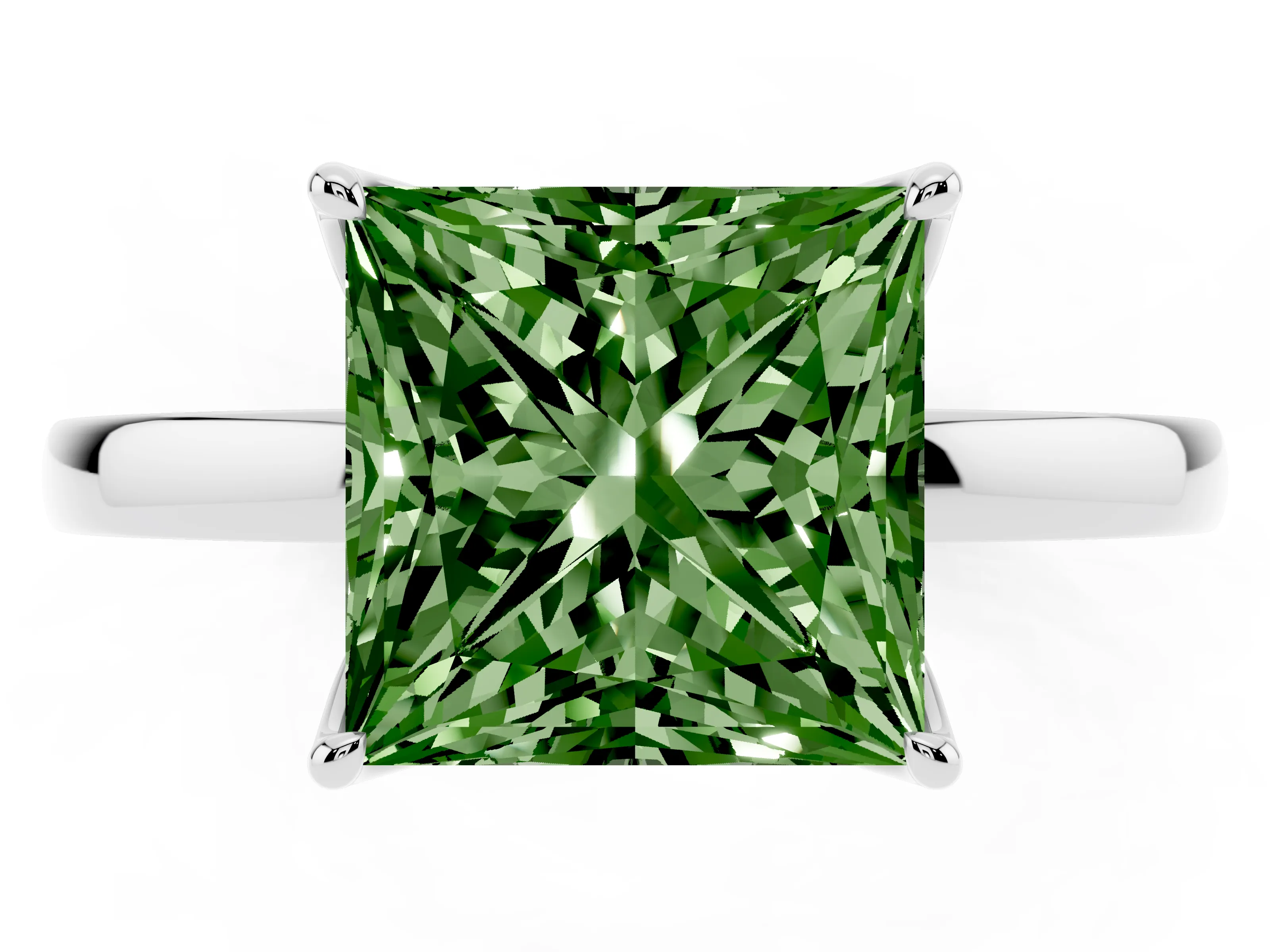 Fancy Green Princess Cut Diamond Solitaire Ring Set in White gold with Prong Setting and Thin Polished Band