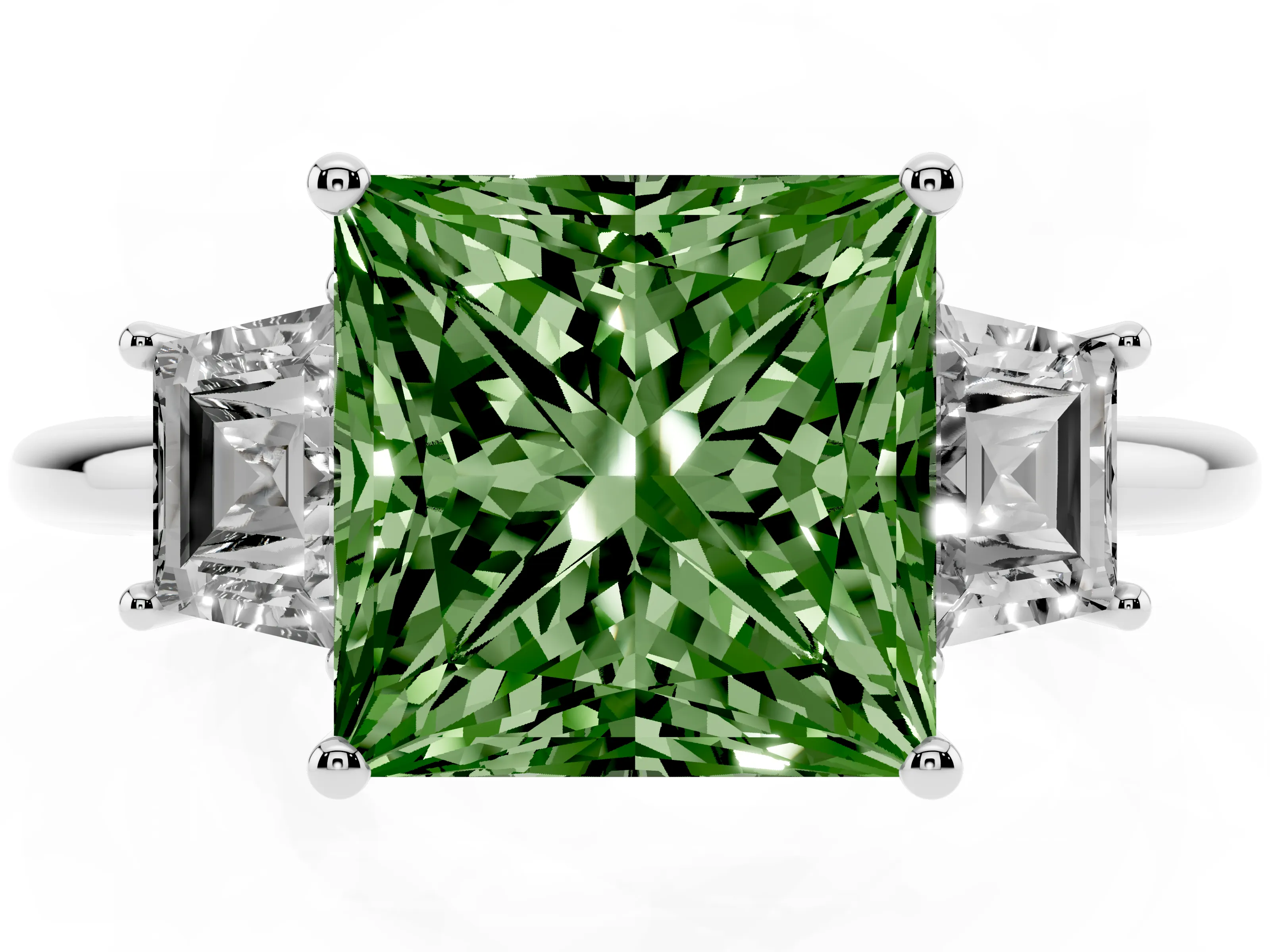 Fancy Green Princess Cut Diamond Three-Stone Ring Set in Silver with Trapezoid Side Stones and Prong Setting
