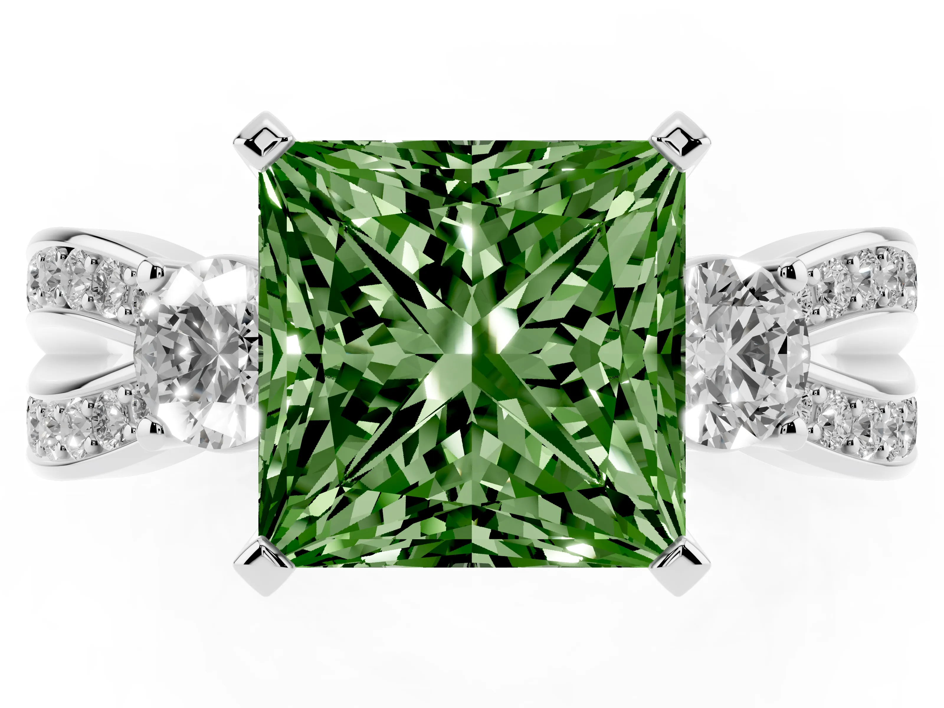 Fancy Green Three-Stone Princess Cut Diamond Twist Band Ring Set in Silver with Pavé Accents and Prong Setting