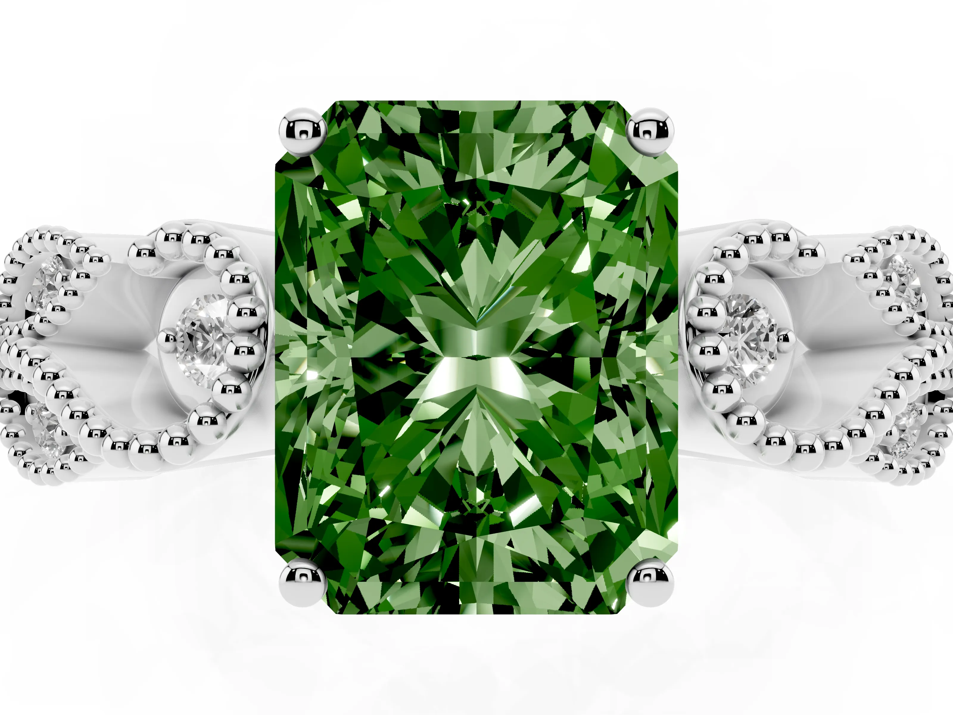 Fancy Green Princess Cut Diamond Milgrain Leaf Band Solitaire Ring Set in Silver with Accent Stones and Prong Setting