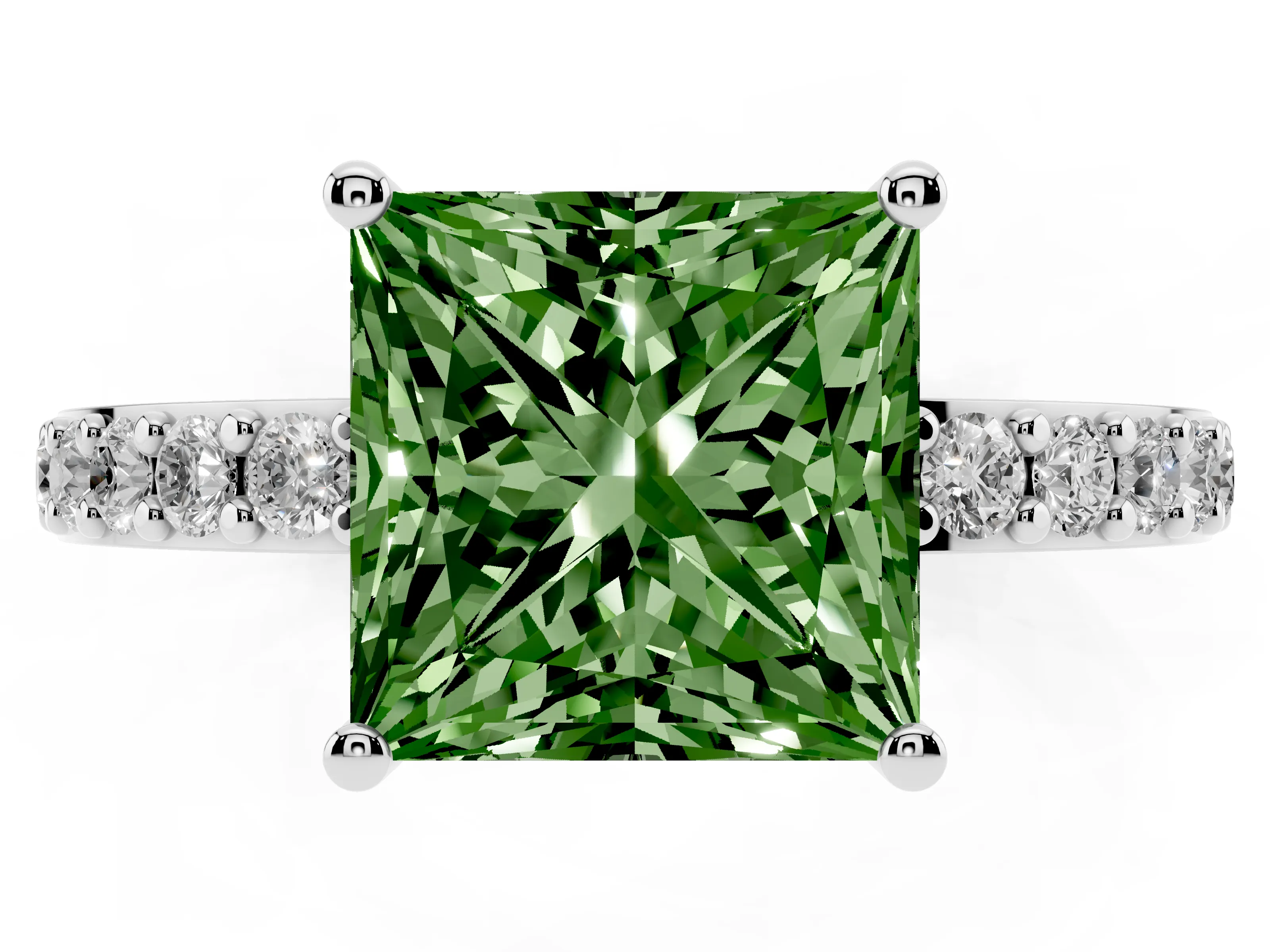 Fancy Green Princess Cut Diamond Solitaire Set in Platinum with Round Pavé Band and Prong Setting