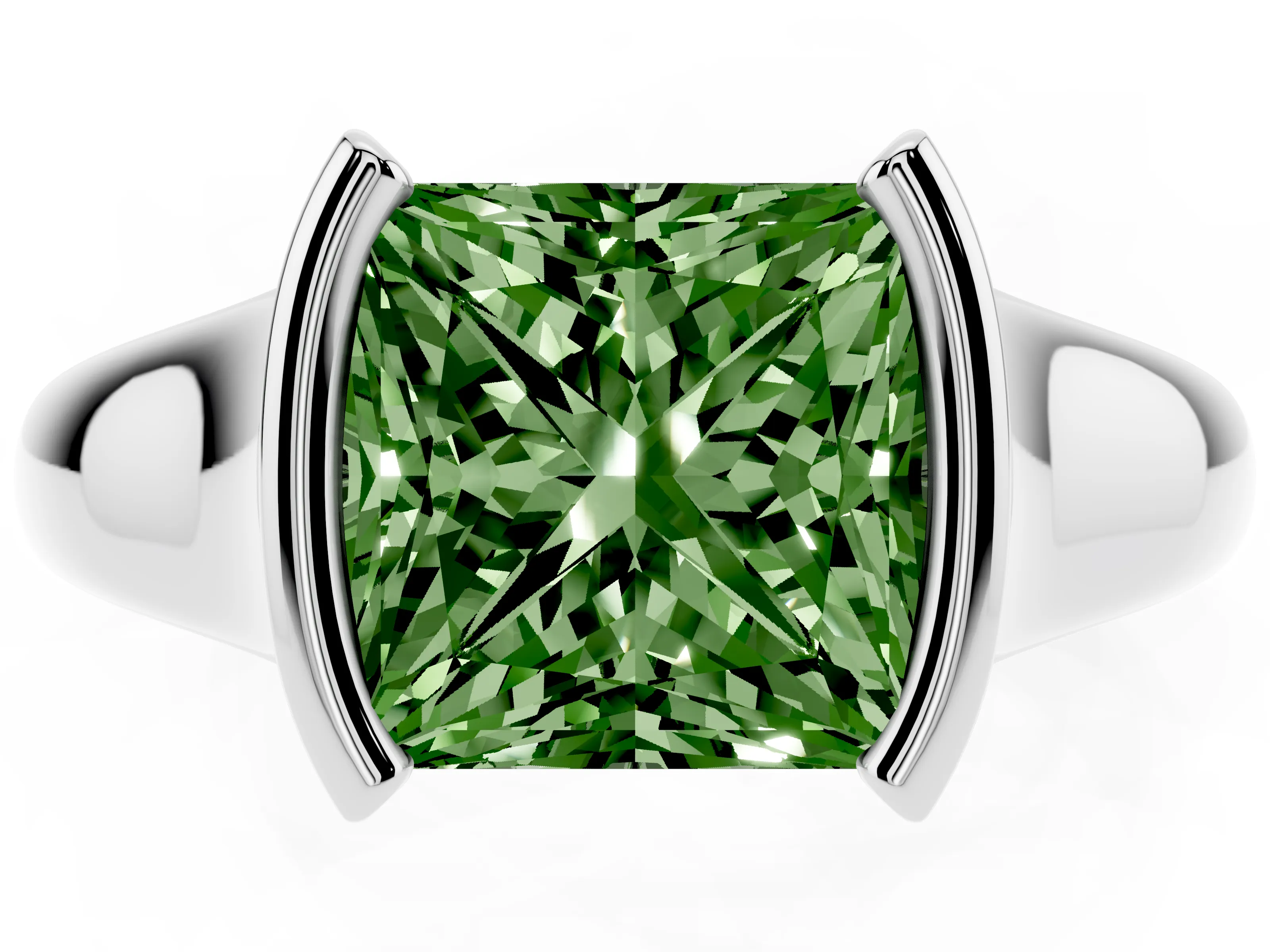 Fancy Green Princess Cut Diamond Solitaire Tension Set Ring Set in White gold with Split Shank Band