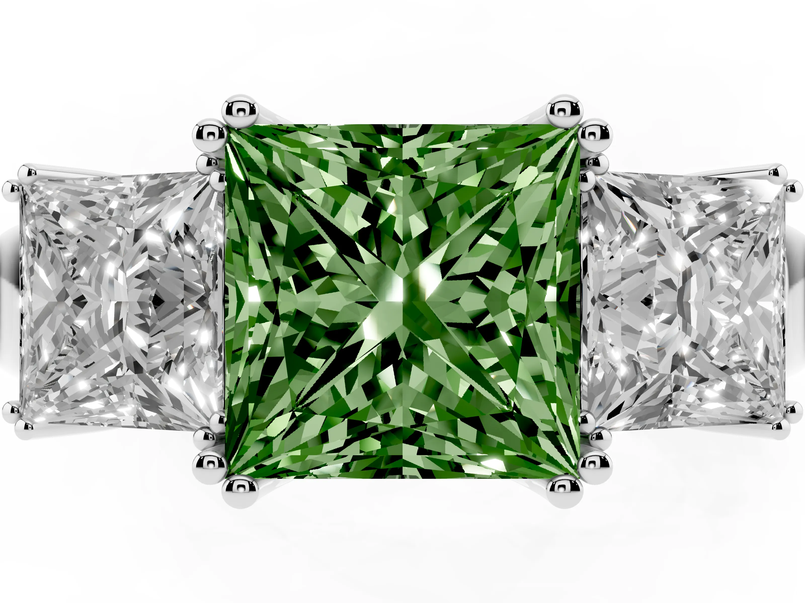 Fancy Green Princess Cut Diamond Three-Stone Ring Set in Platinum with Polished Channel-Set Band