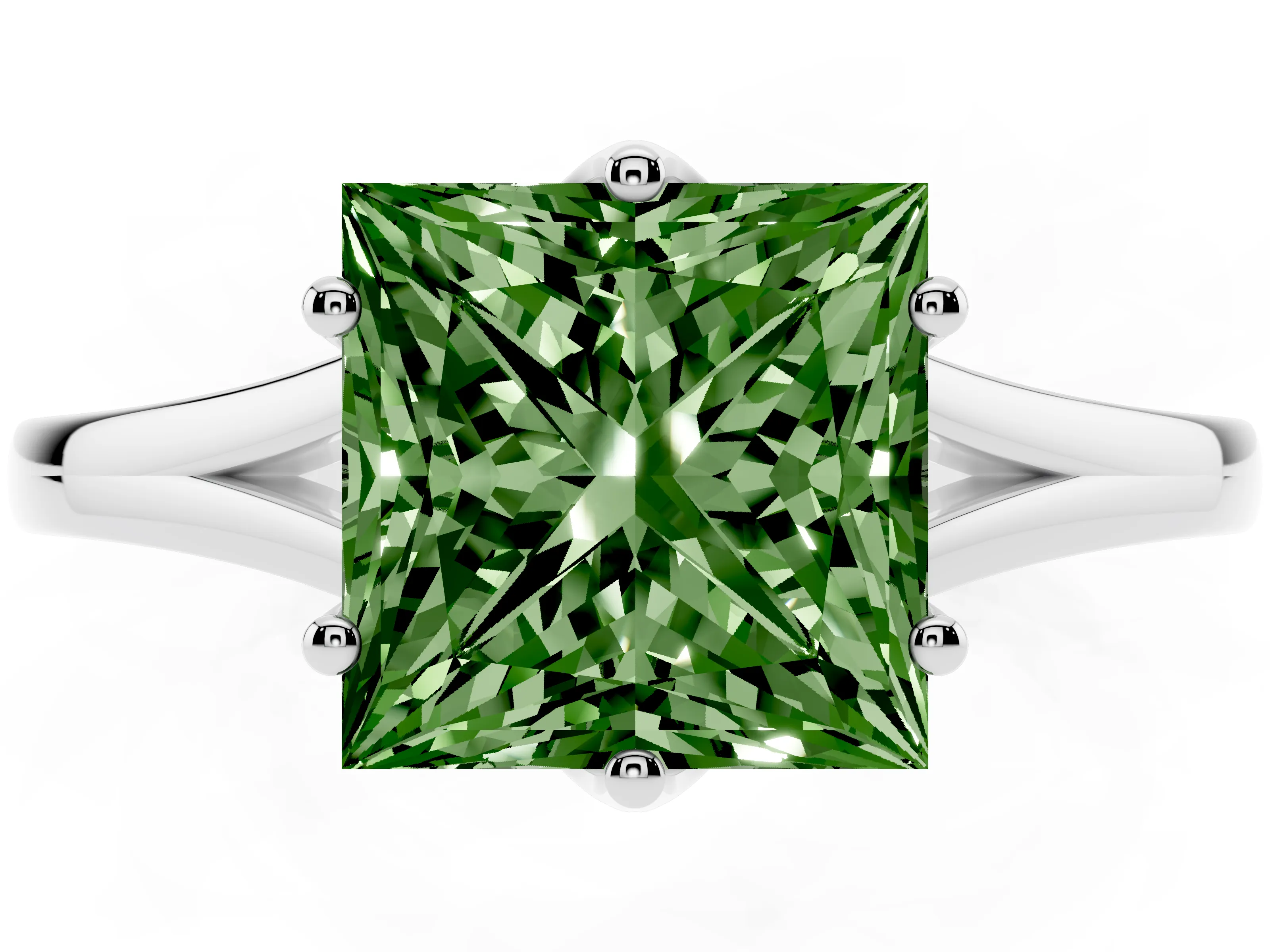 Fancy Green Princess Cut Diamond Solitaire Ring Set in White gold with Polished Tapered Band and Prong Setting