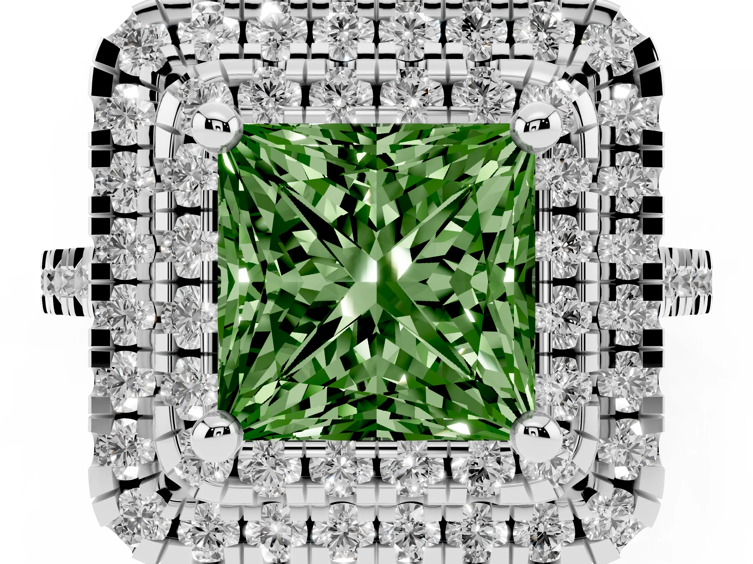 Fancy Green Princess Cut Diamond Double Halo Statement Ring Set in White gold with Pavé Band