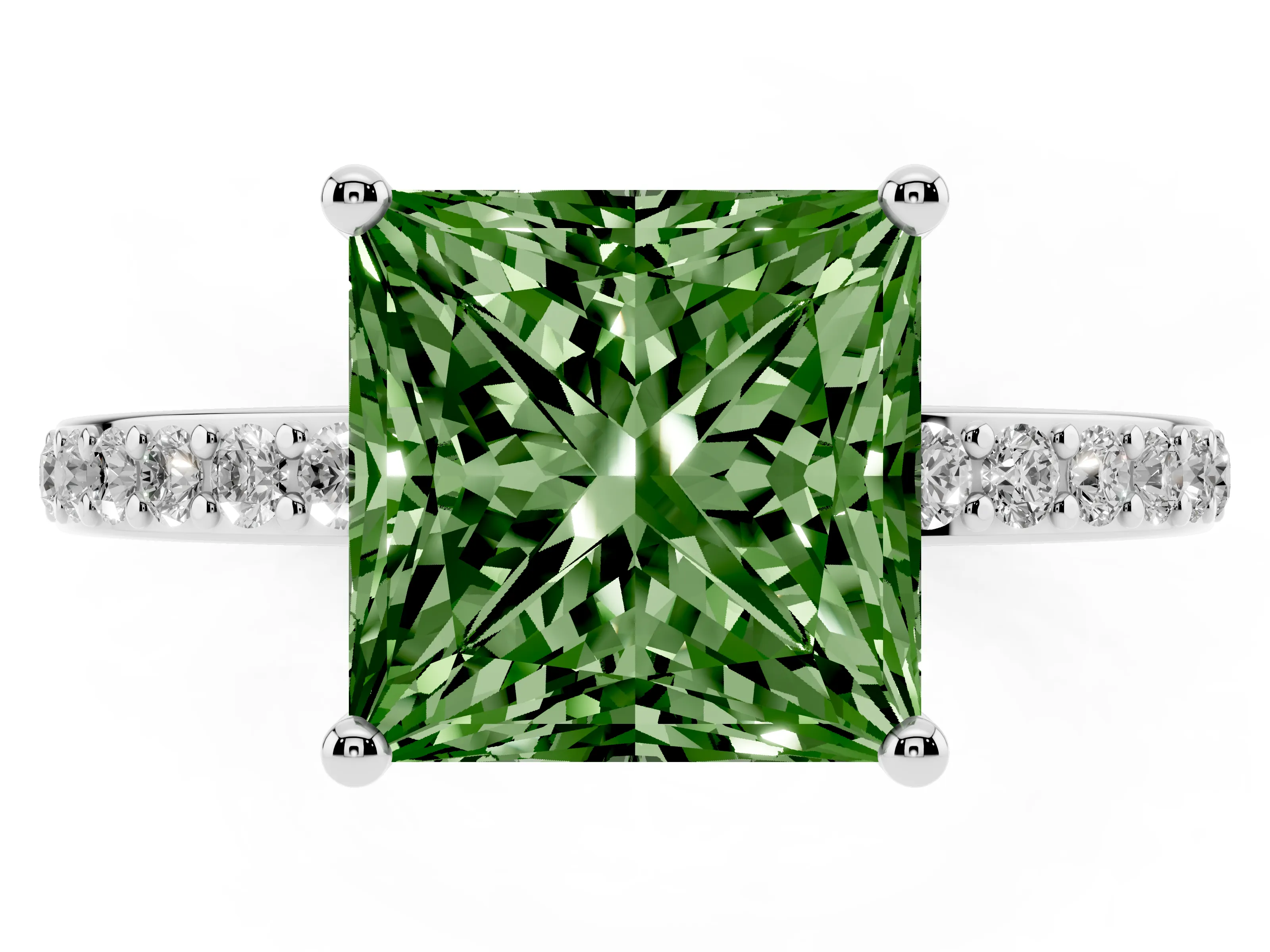 Fancy Green Princess Cut Diamond Pavé Band Ring Set in White gold with Prong-Set Center Stone
