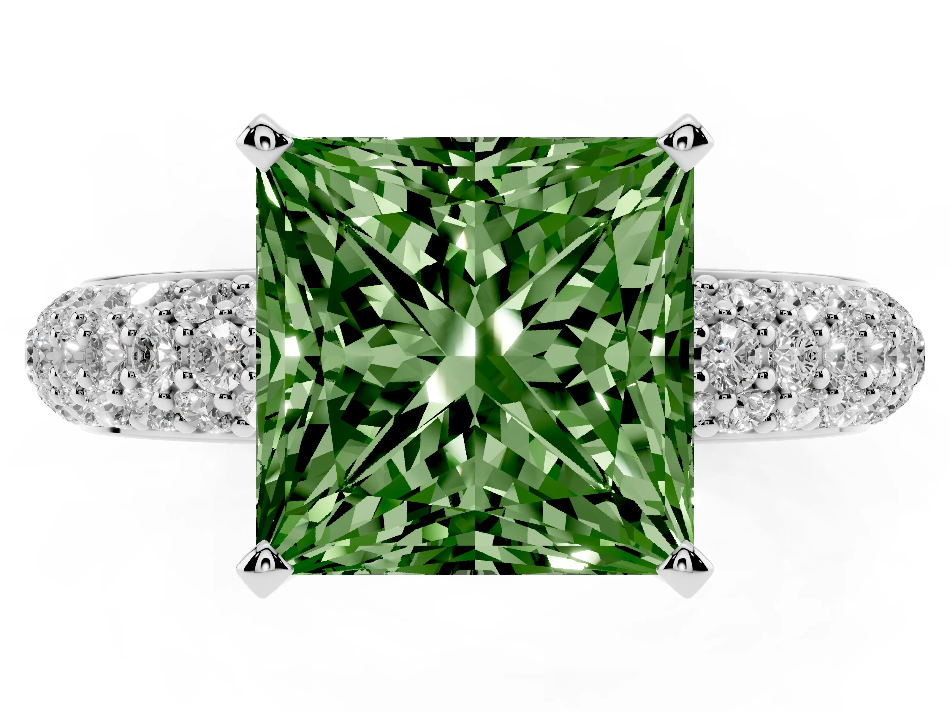 Fancy Green Princess Cut Diamond Solitaire Ring Set in Platinum with Prong Setting and Pavé-Set Band