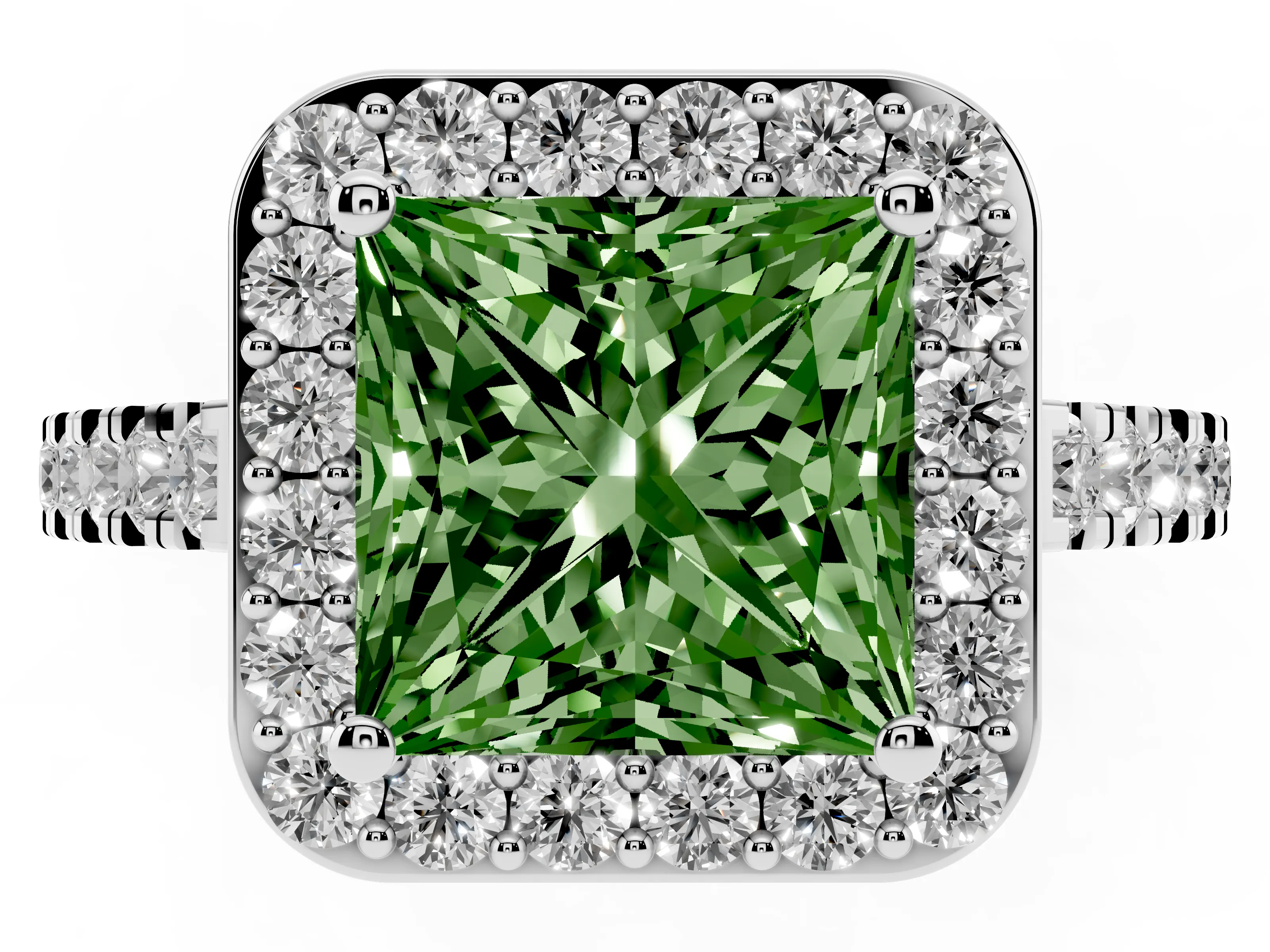 Fancy Green Princess Cut Diamond Halo Ring Set in Silver with Round Pavé Split Shank and Prong Setting
