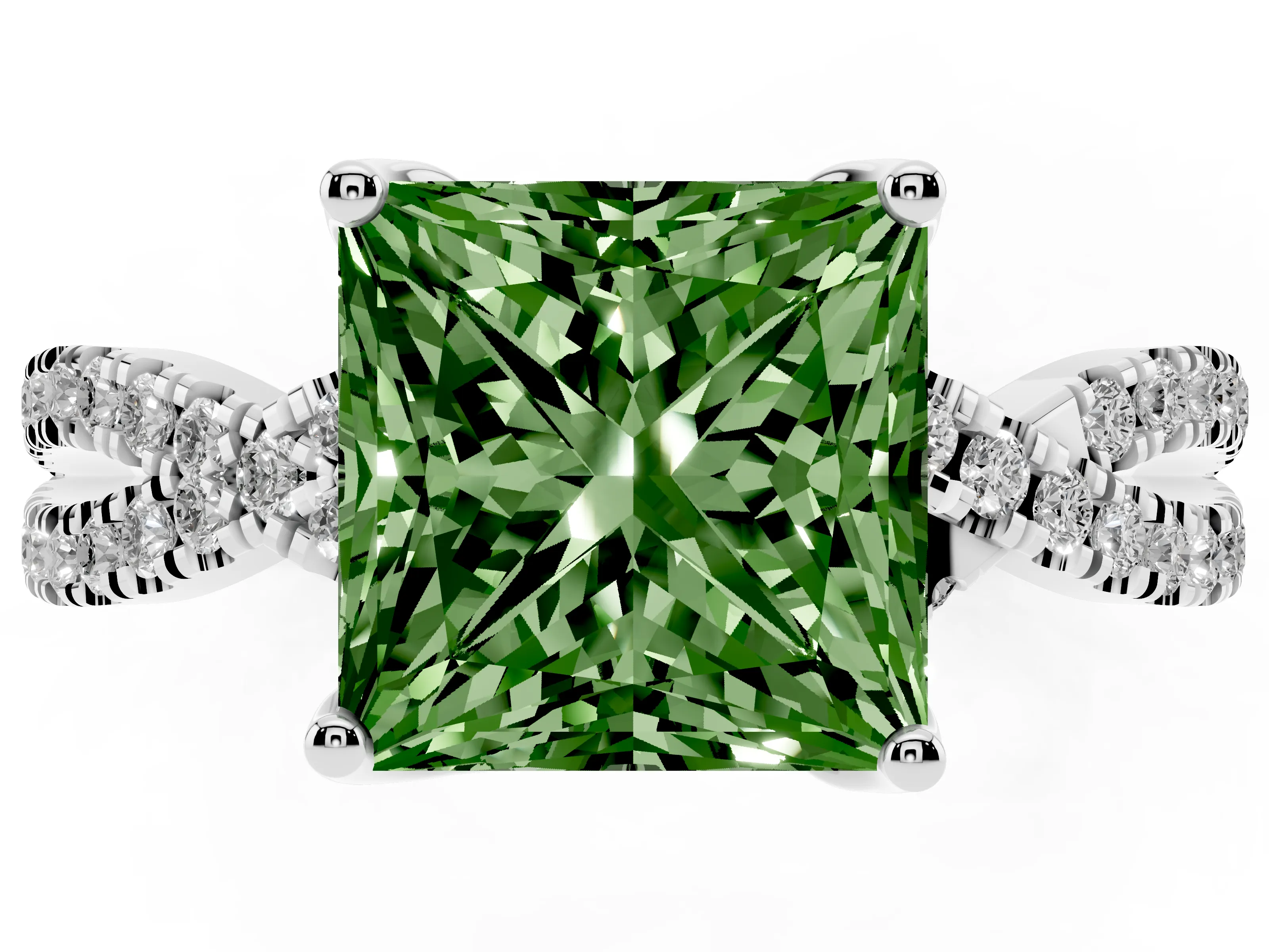 Fancy Green Princess Cut Diamond Twist Pavé Solitaire Engagement Ring Set in Silver with Prong Setting