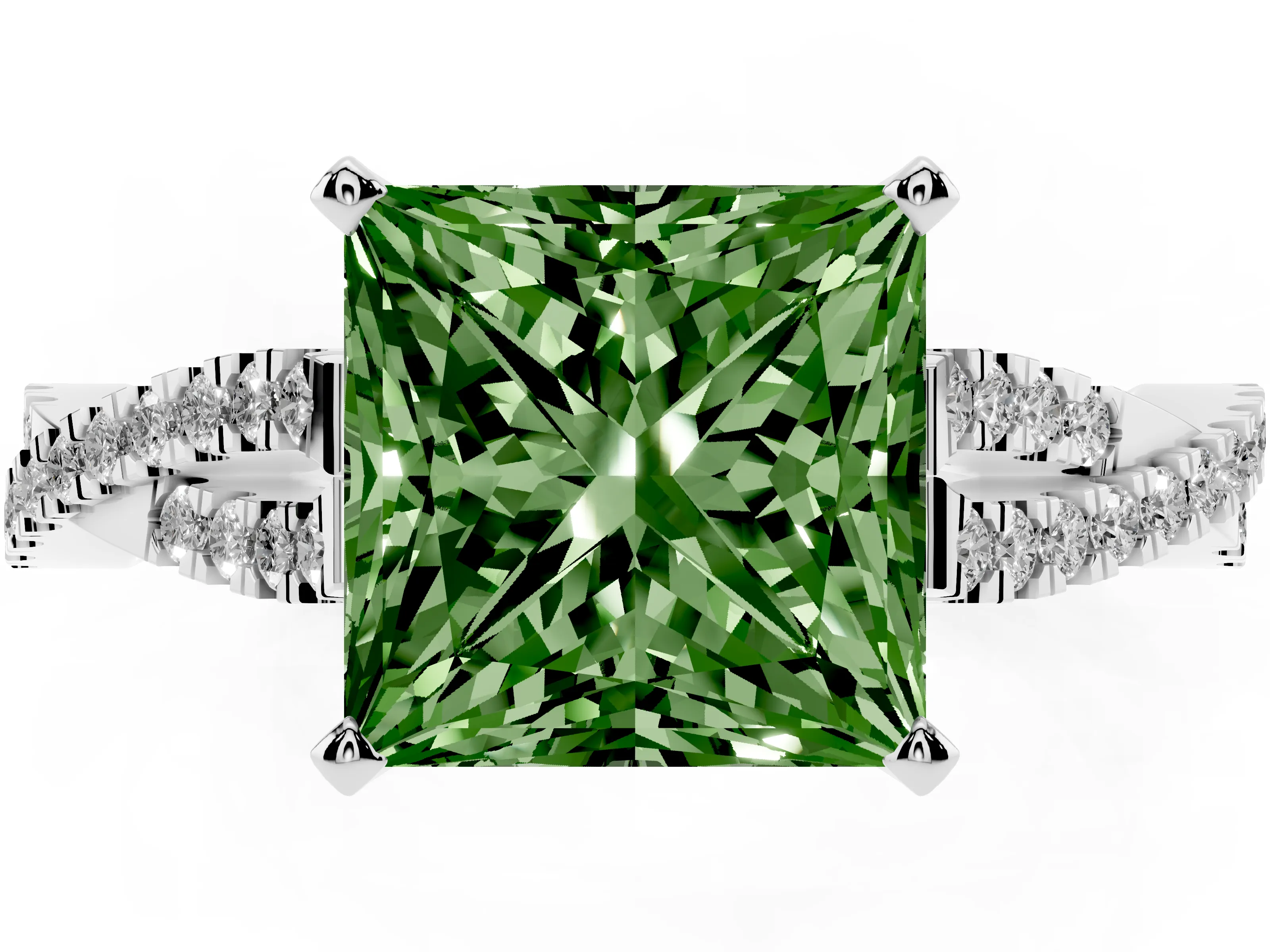 Fancy Green Princess Cut Diamond Solitaire Engagement Ring Set in Platinum with Twisted Pavé Band and Prong Setting