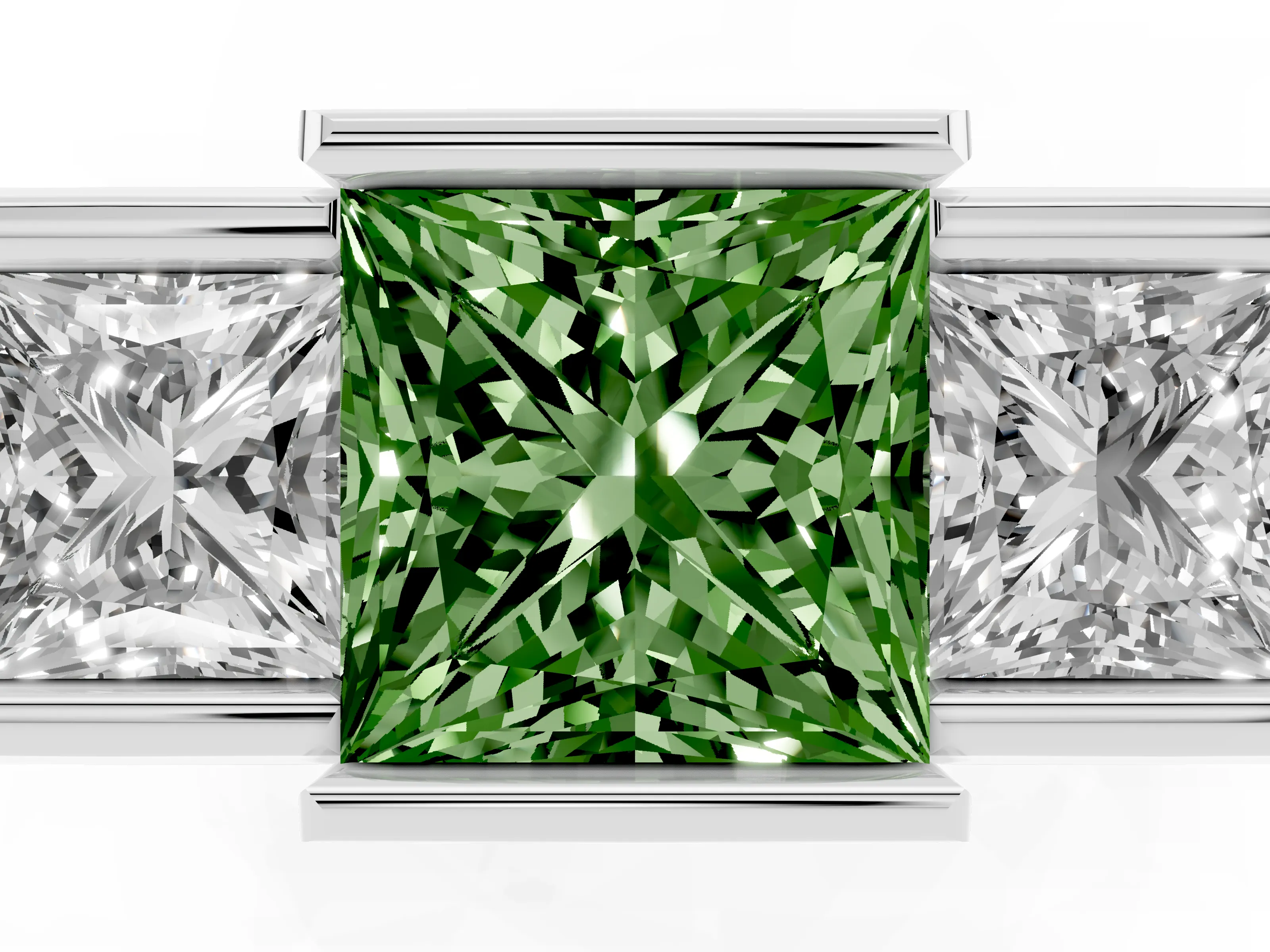 Fancy Green Princess Cut Diamond Three-Stone Channel Set Ring Set in Platinum with Smooth Polished Band