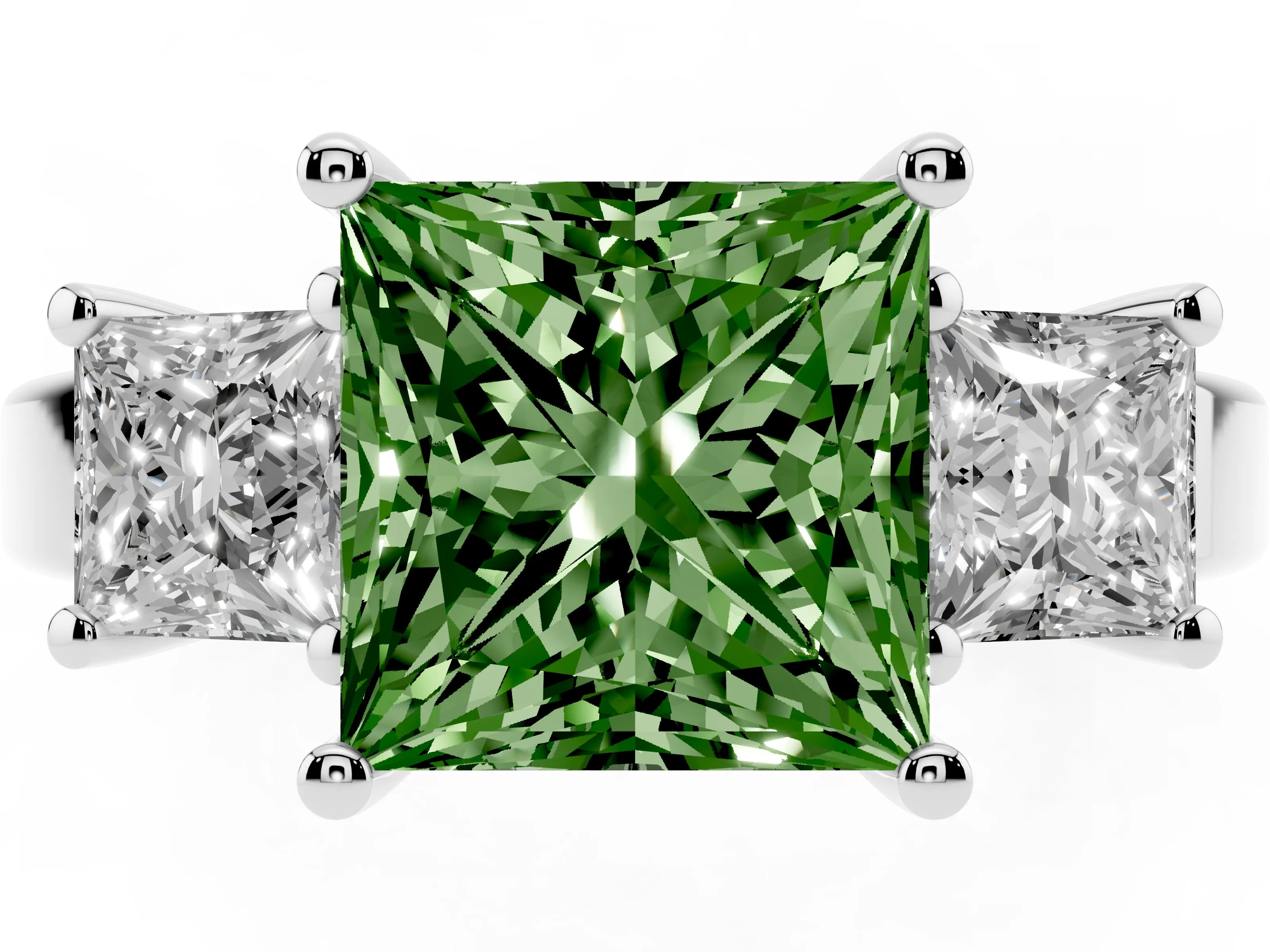 Fancy Green Three-Stone Princess Cut Diamond Solitaire Ring Set in Platinum with Prong Setting