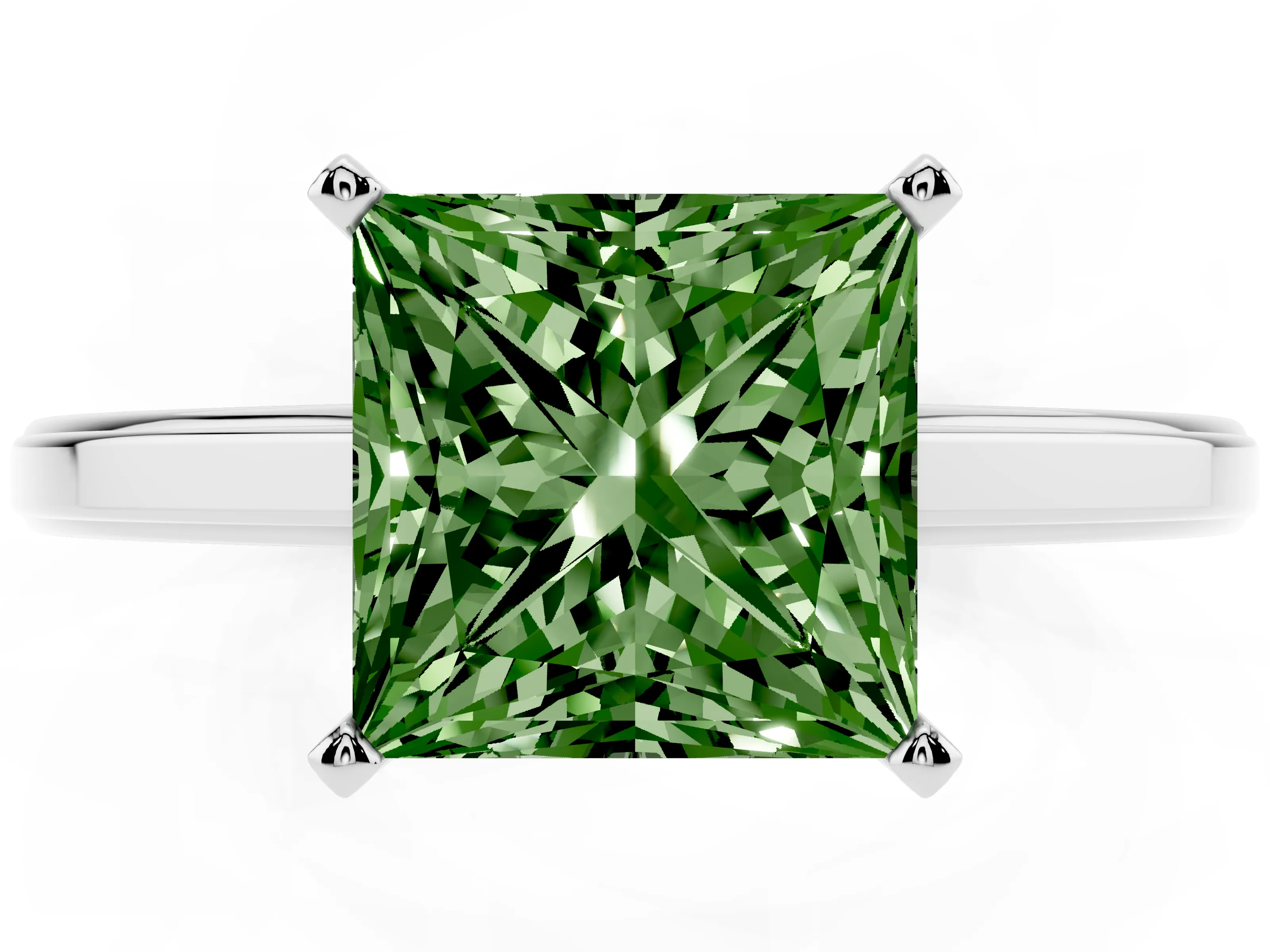 Fancy Green Princess Cut Diamond Solitaire Ring Set in Platinum with Prong Setting and Classic Band