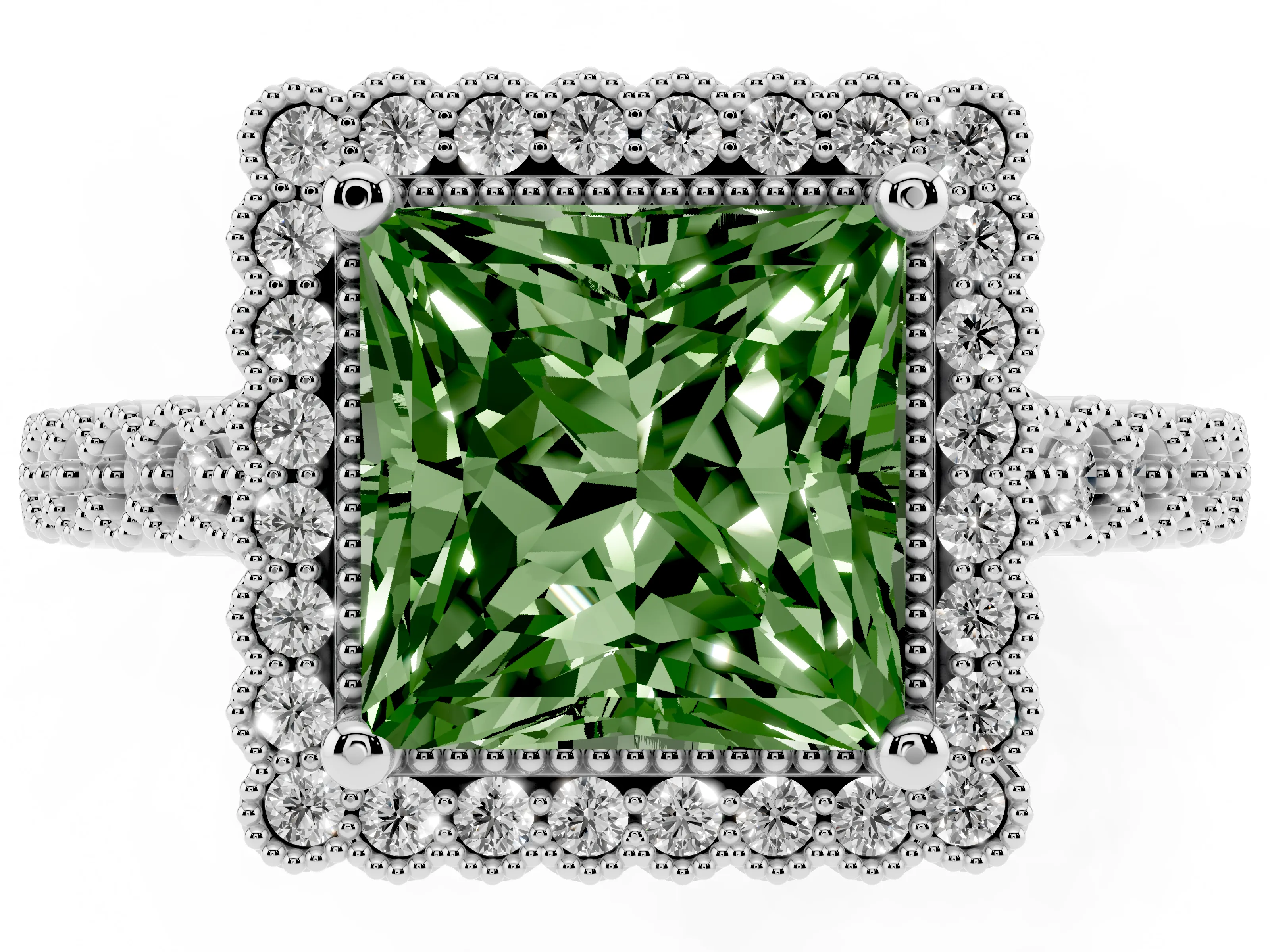 Fancy Green Princess Cut Diamond Halo Ring Set in White gold with Pavé Milgrain Band