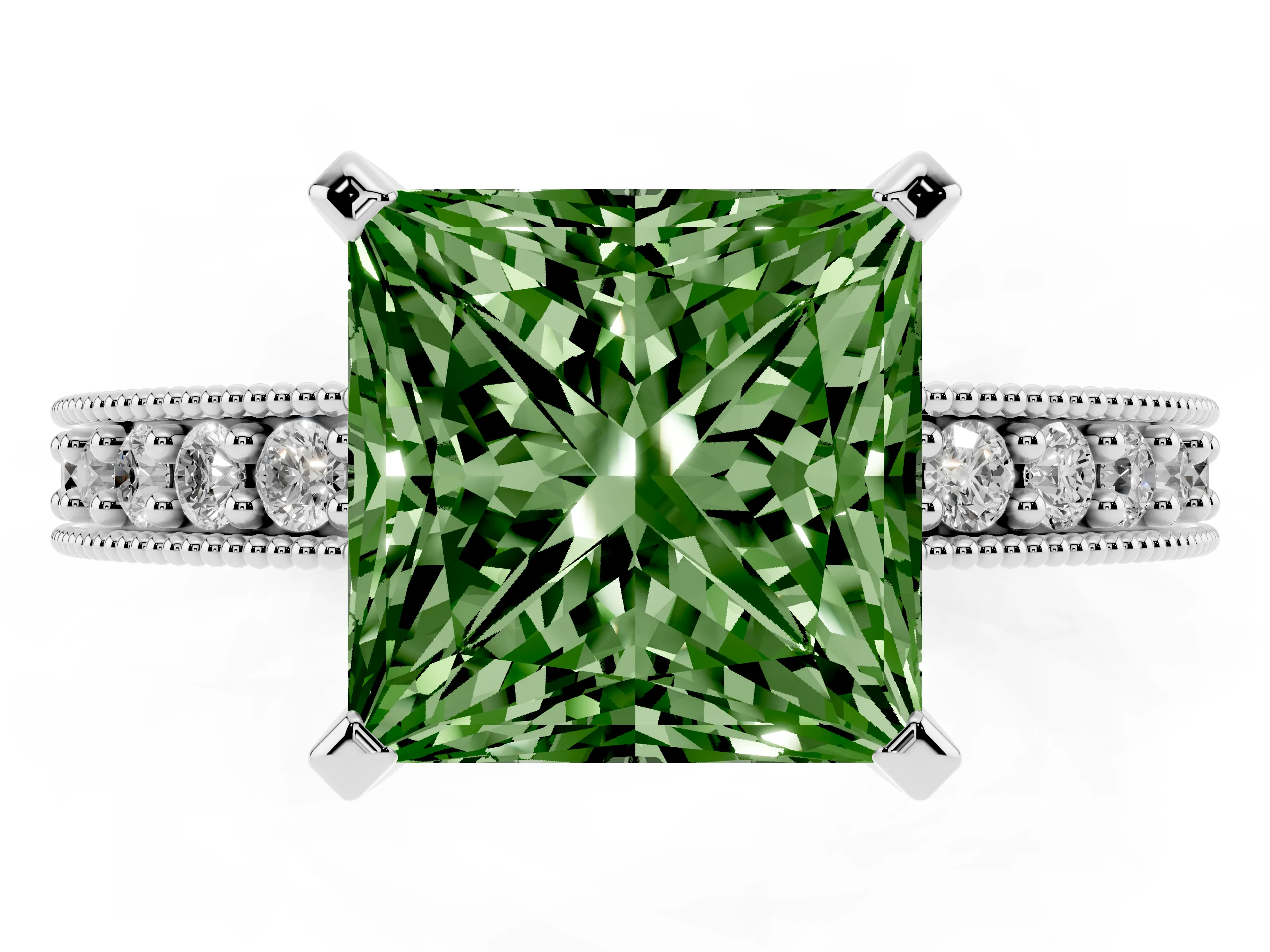Fancy Green Princess Cut Diamond Milgrain Pavé Engagement Ring Set in Platinum with Prong Setting