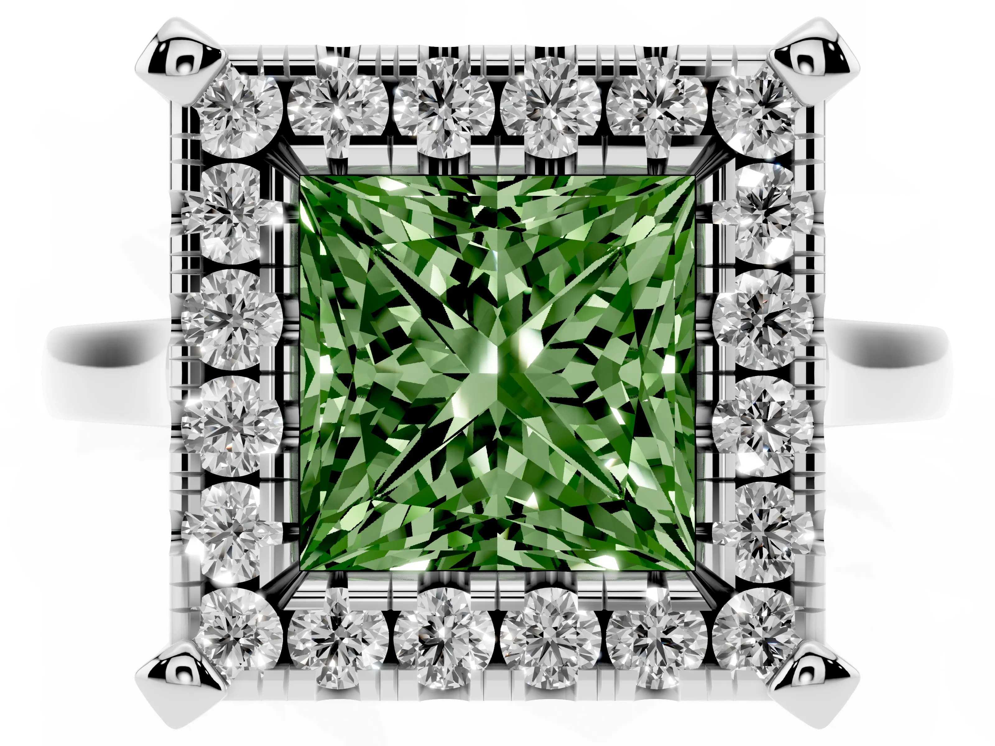 Fancy Green Princess Cut Diamond Cluster Halo Solitaire Ring Set in Silver with Prong Setting