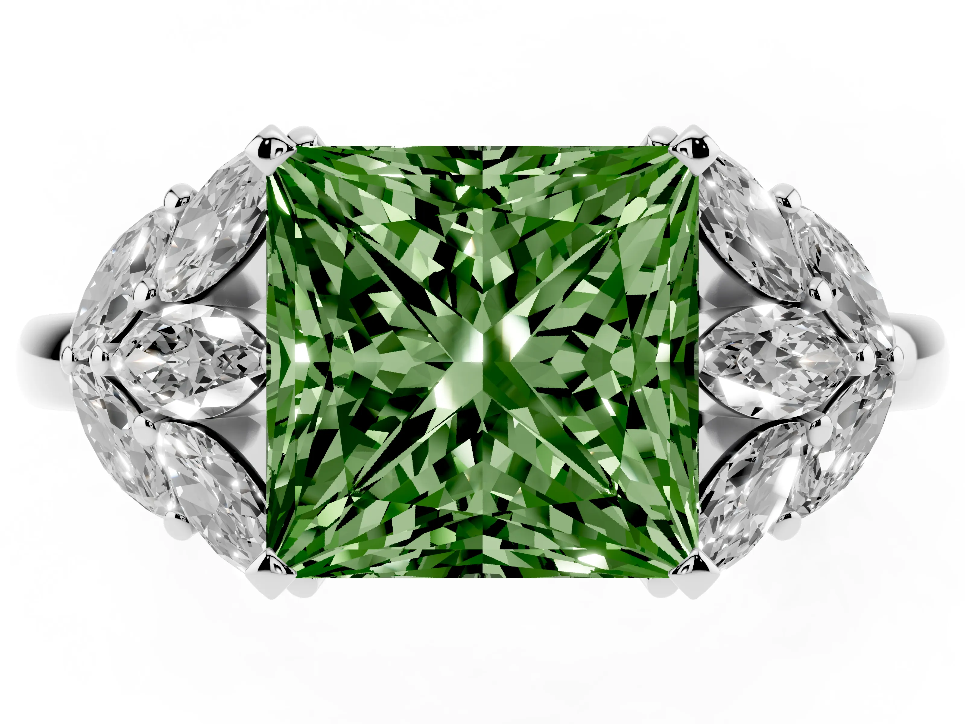 Fancy Green Princess Cut Diamond Cluster Leaf Design Ring Set in White gold with Prong Setting