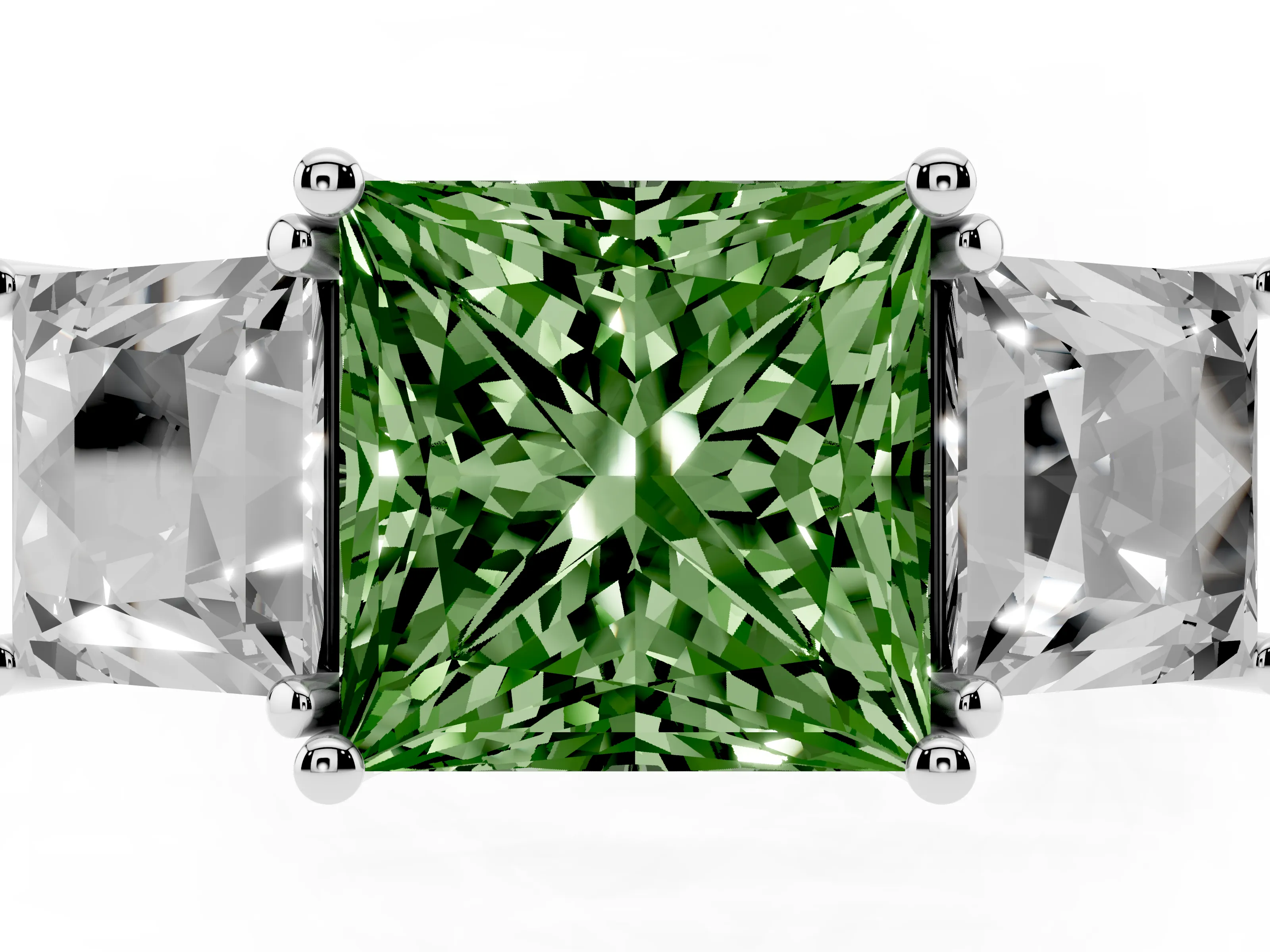 Fancy Green Princess Cut Diamond Three-Stone Ring Set in Silver with Pavé Band