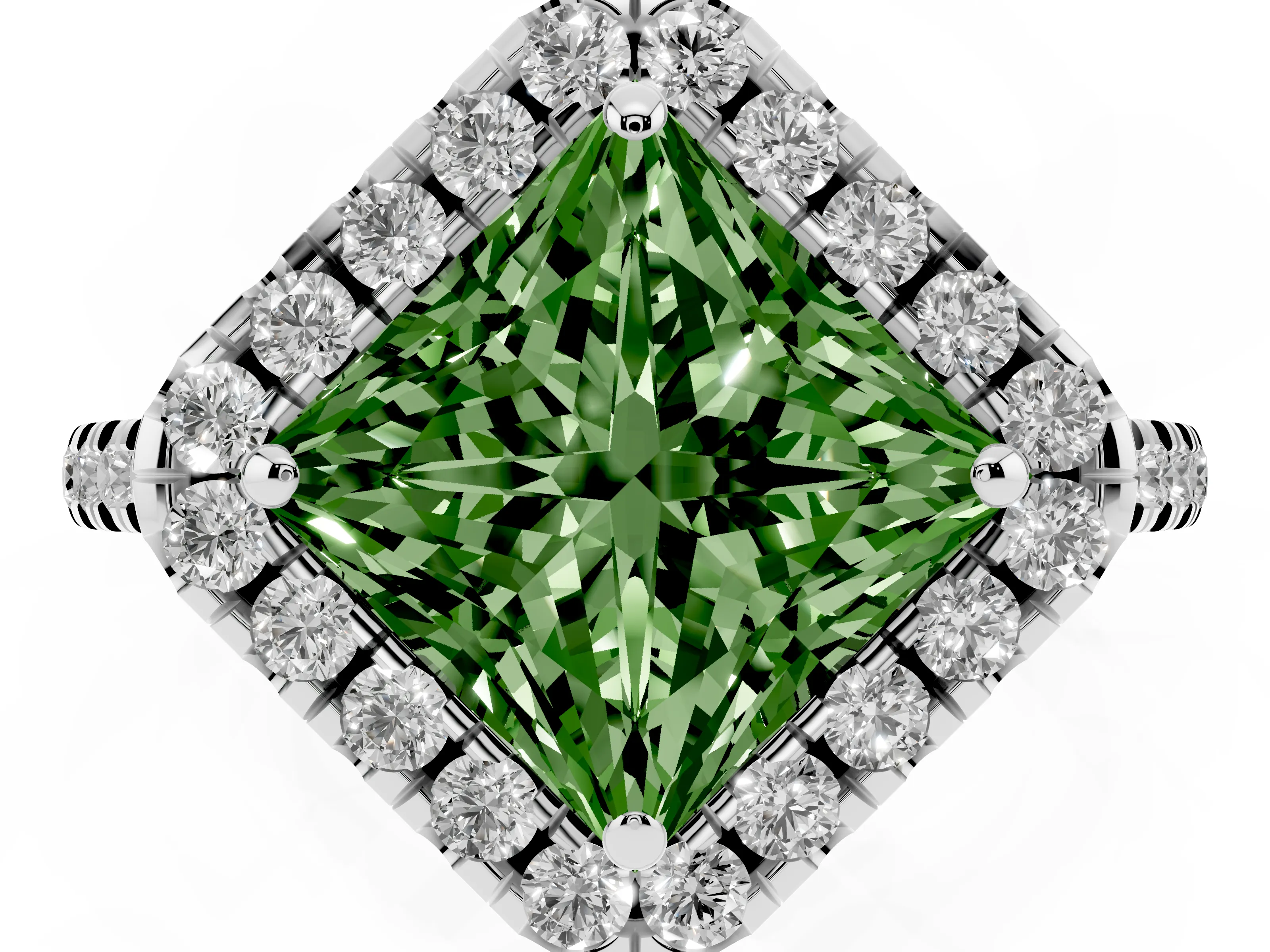 Fancy Green Princess Cut Diamond Cushion Halo Ring Set in Silver with Pavé Band