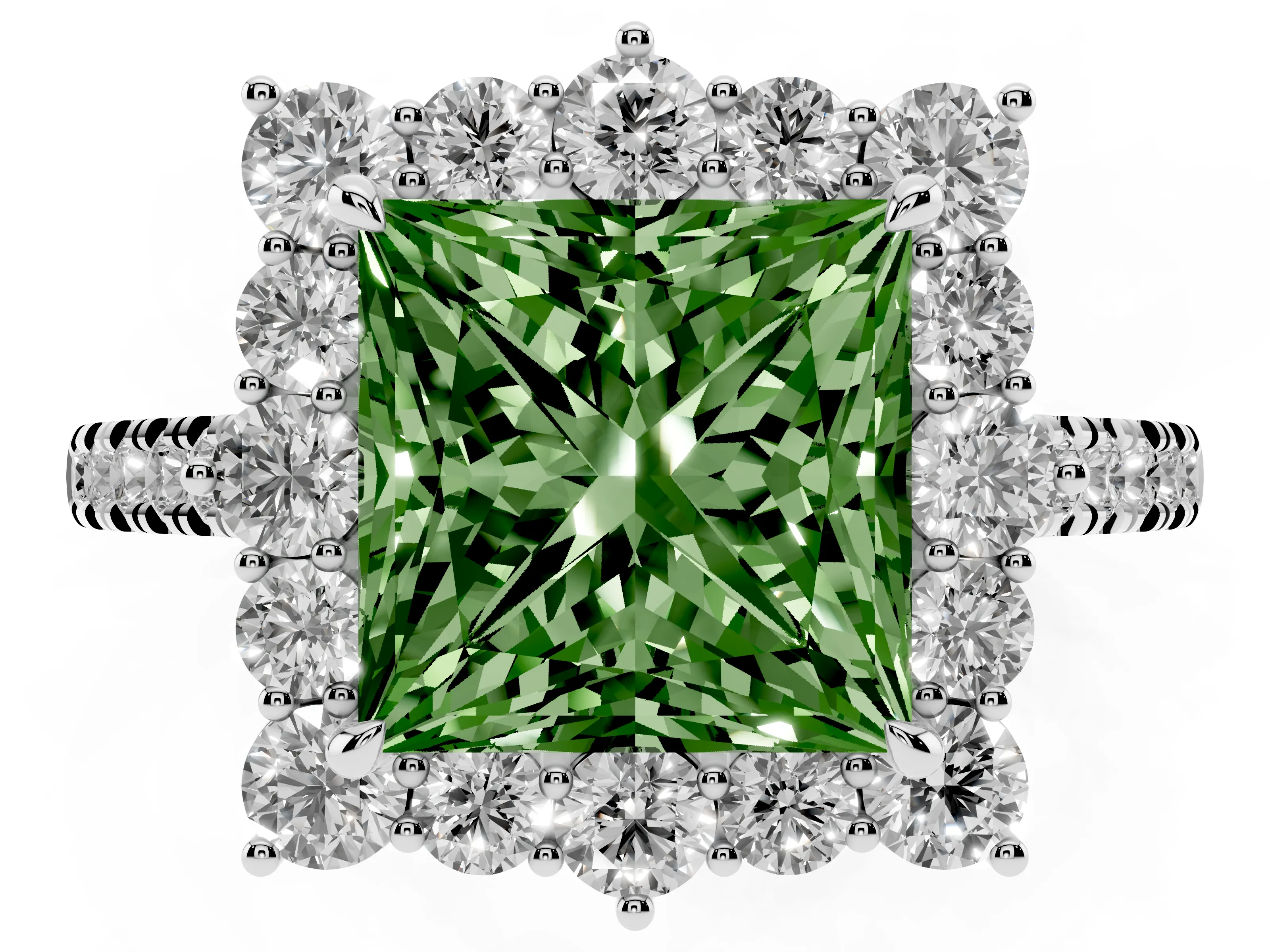 Fancy Green Princess Cut Diamond Halo Ring Set in White gold with Pavé Band and Prong Setting
