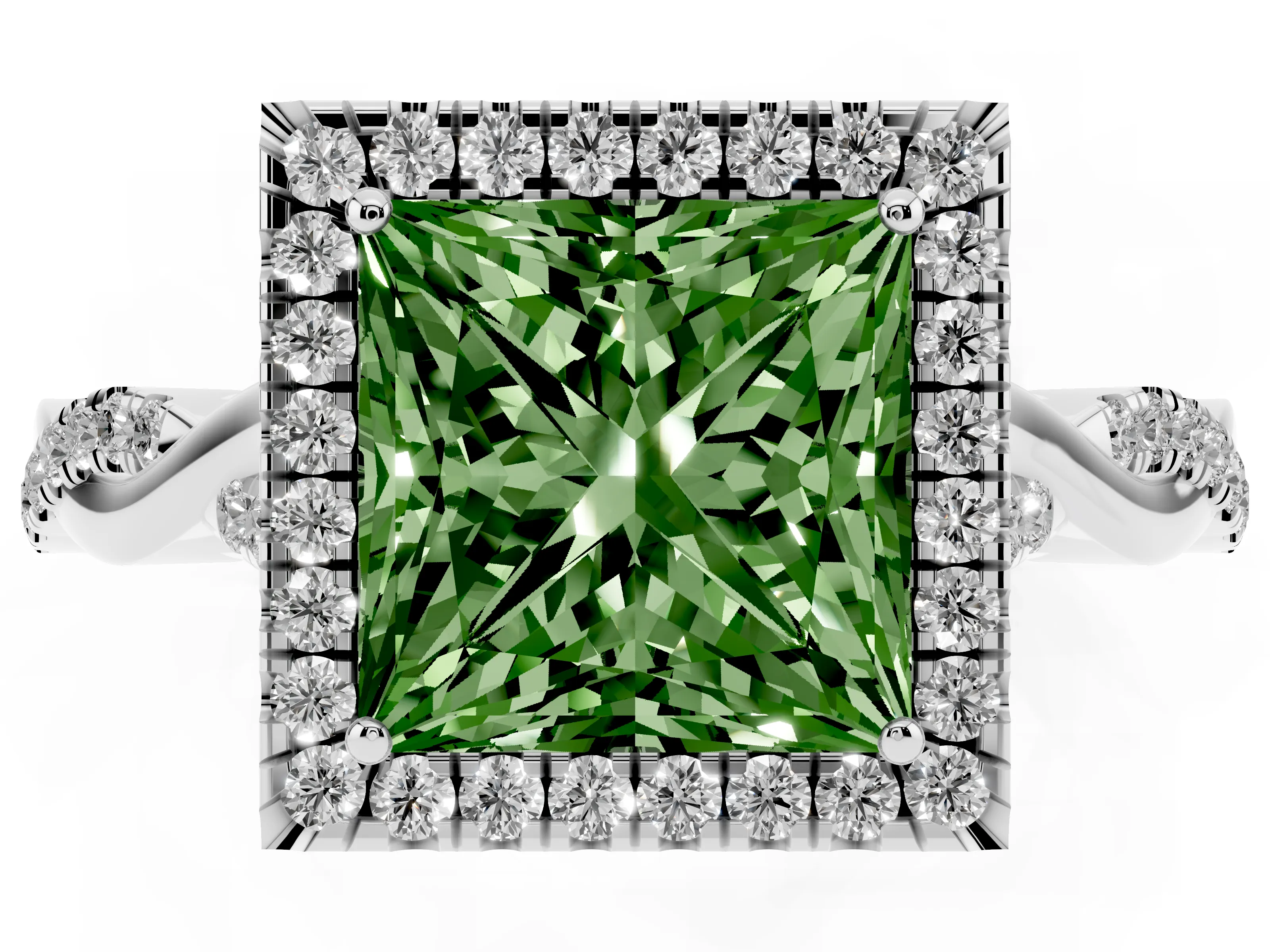 Fancy Green Princess Cut Diamond Halo Twist Band Solitaire Ring Set in Silver with Prong Setting