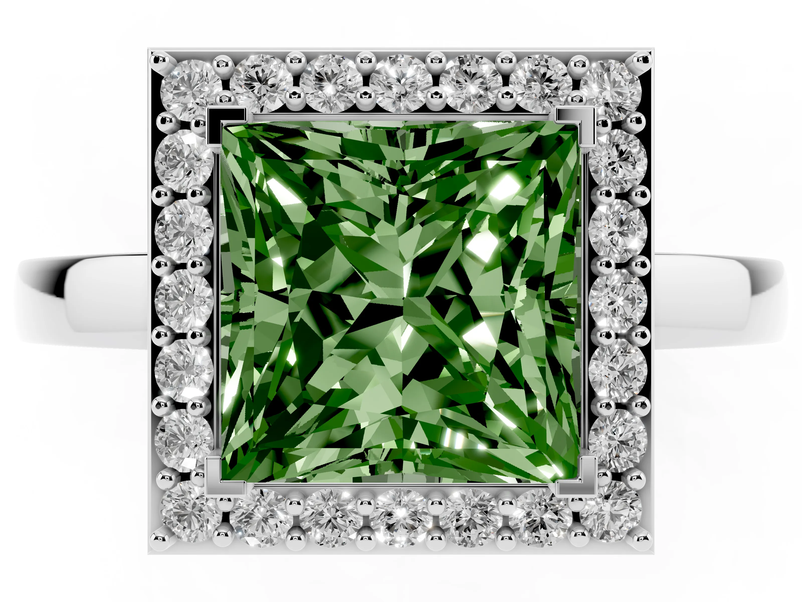 Fancy Green Princess Cut Diamond Halo Ring Set in Silver with Solitaire Band and Prong Setting