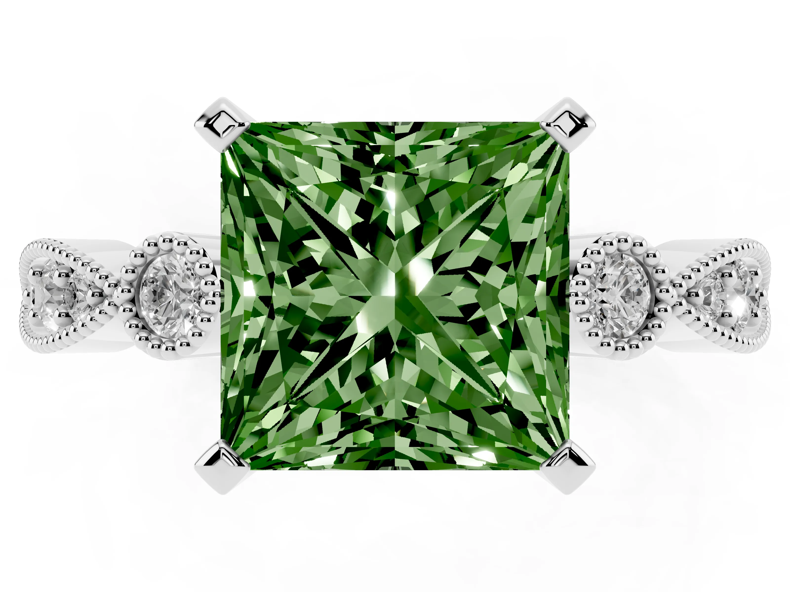 Fancy Green Princess Cut Diamond Solitaire Engagement Ring Set in Silver with Milgrain Bezel Accent Band