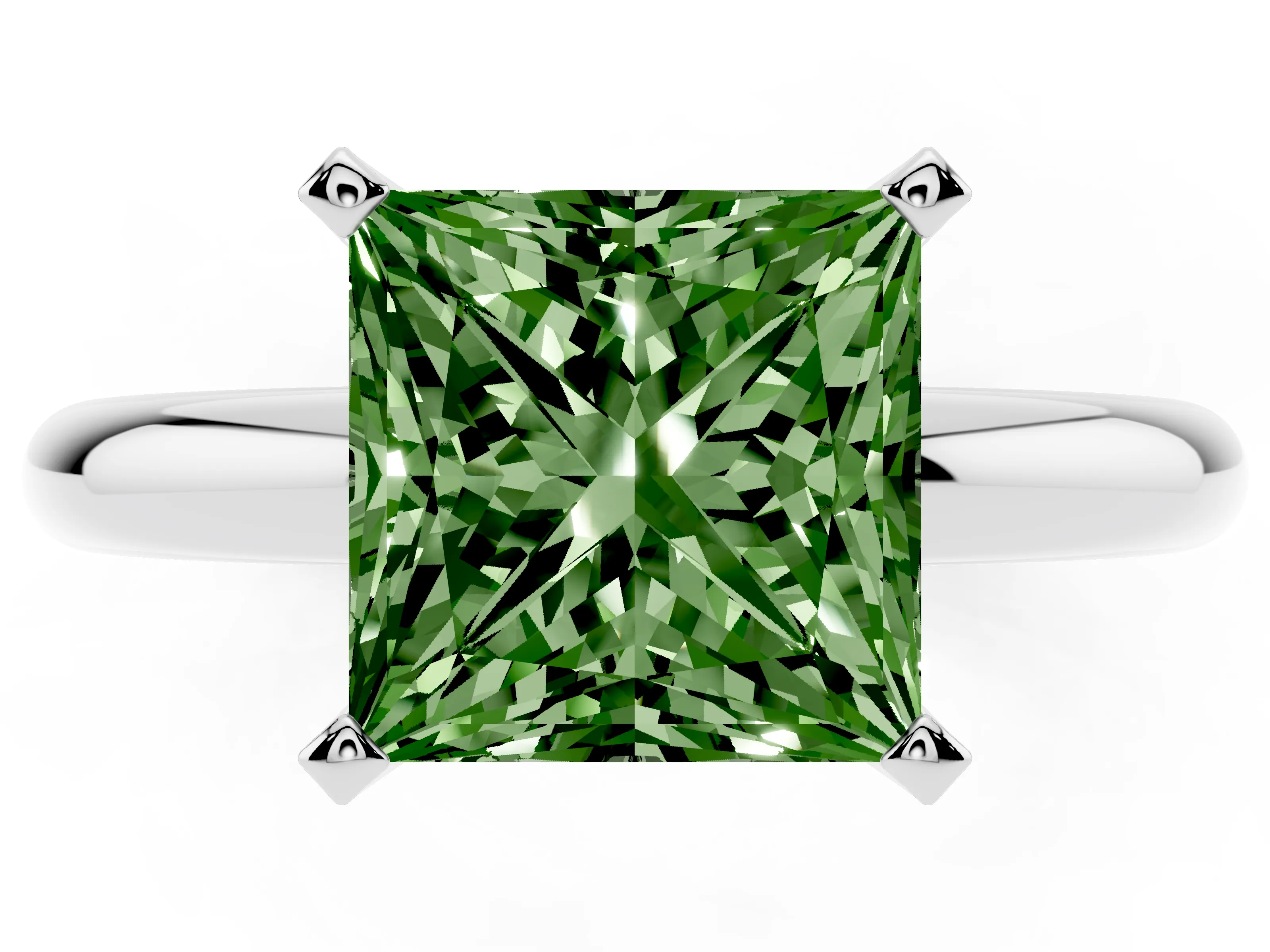 Fancy Green Princess Cut Diamond Solitaire Engagement Ring Set in Silver with Round Band and Prong Setting