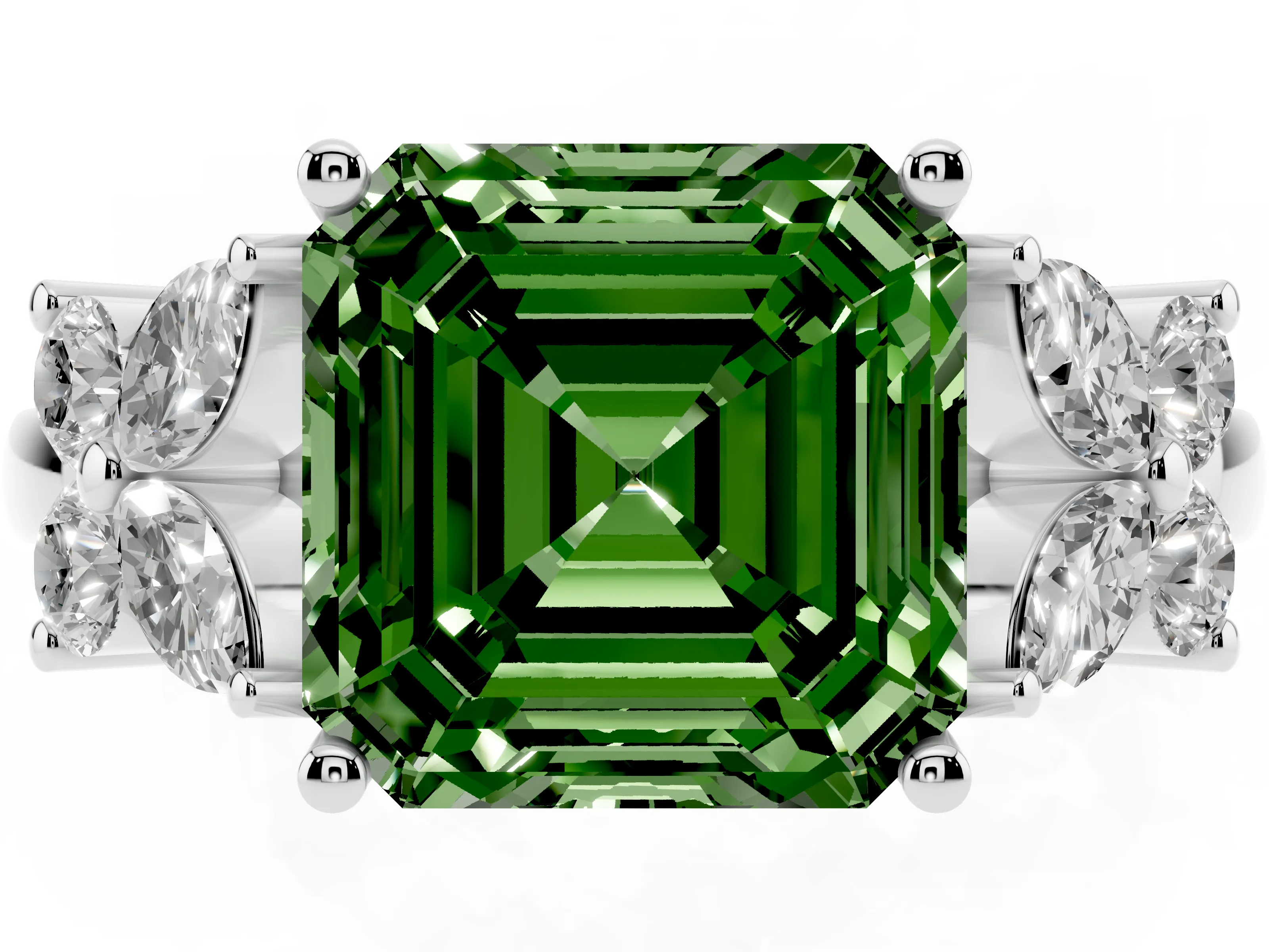 Fancy Green Princess Cut Diamond Floral Cluster Ring Set in Silver with Marquise Petals and Prong Setting