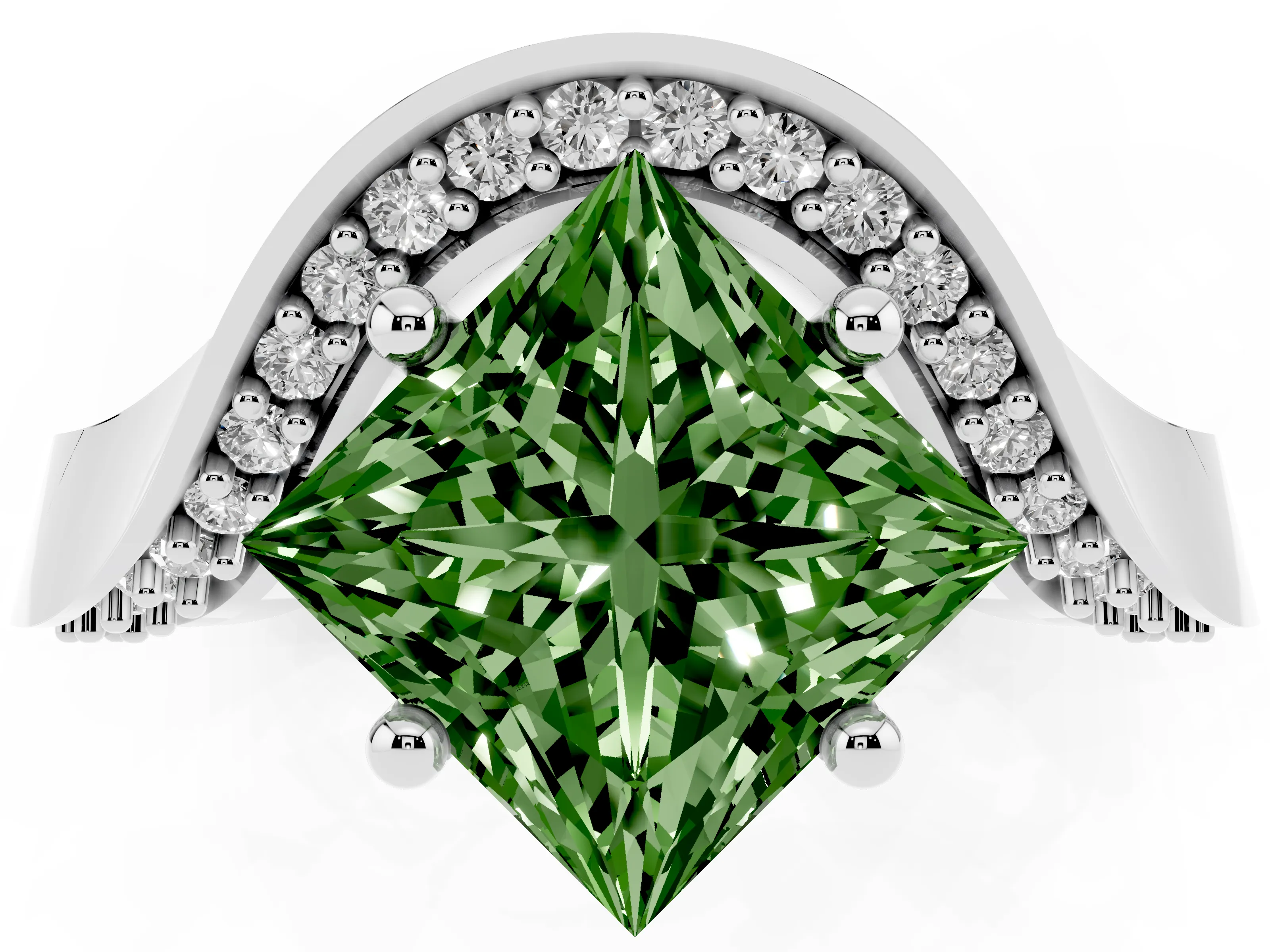 Fancy Green Princess Cut Diamond Solitaire Engagement Ring Set in Platinum with Pavé Shoulders