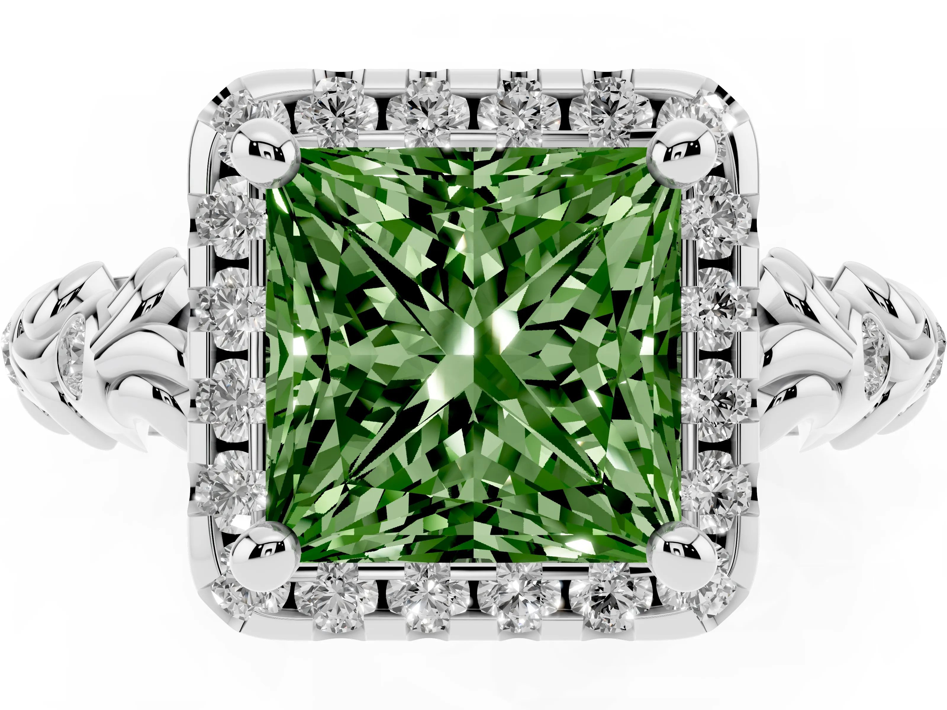 Fancy Green Princess Cut Diamond Halo Ring Set in Silver with Filigree Leaf Band and Prong Setting