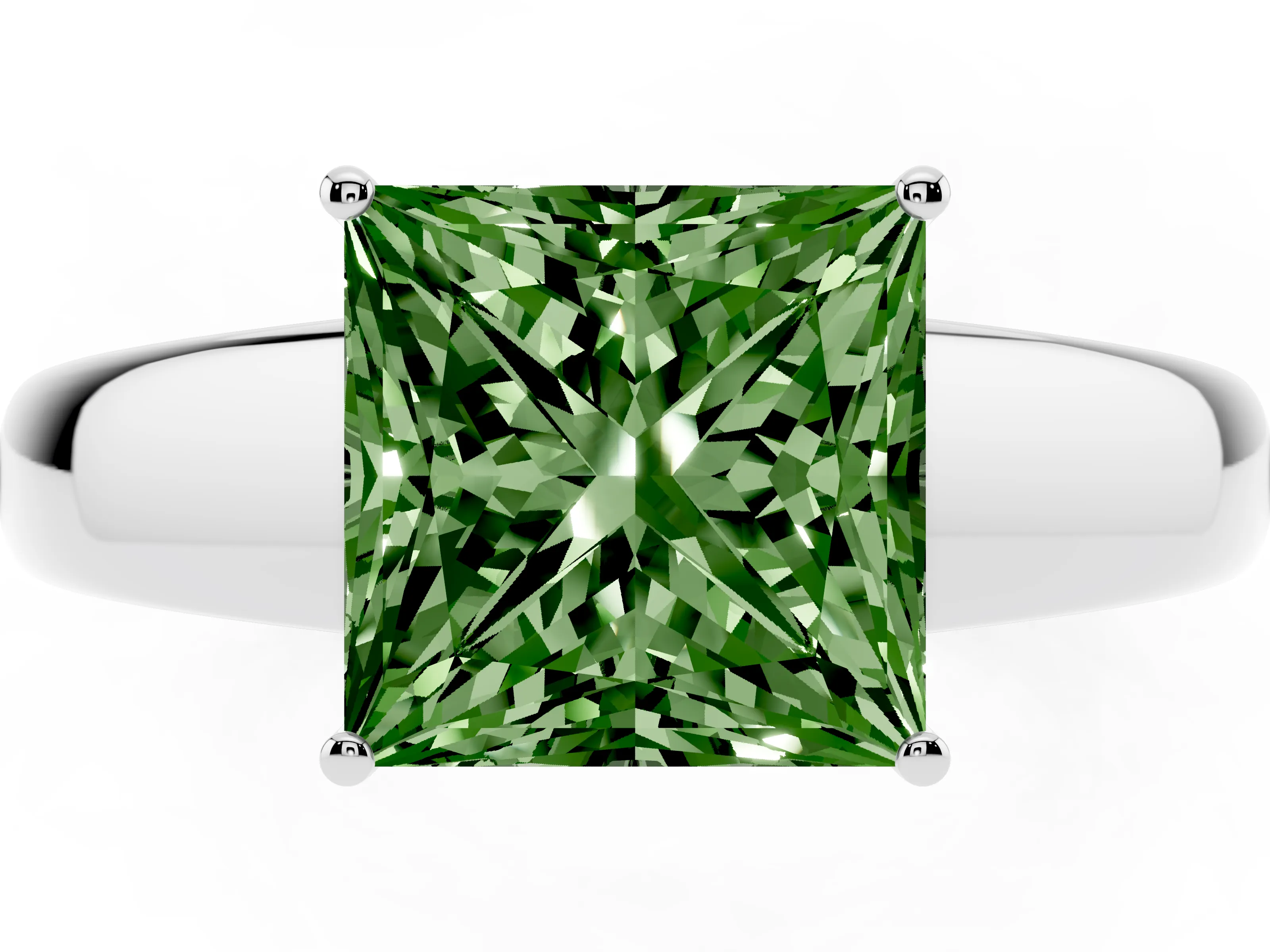 Fancy Green Princess Cut Diamond Solitaire Ring Set in Silver with Tapered Band and Prong Setting