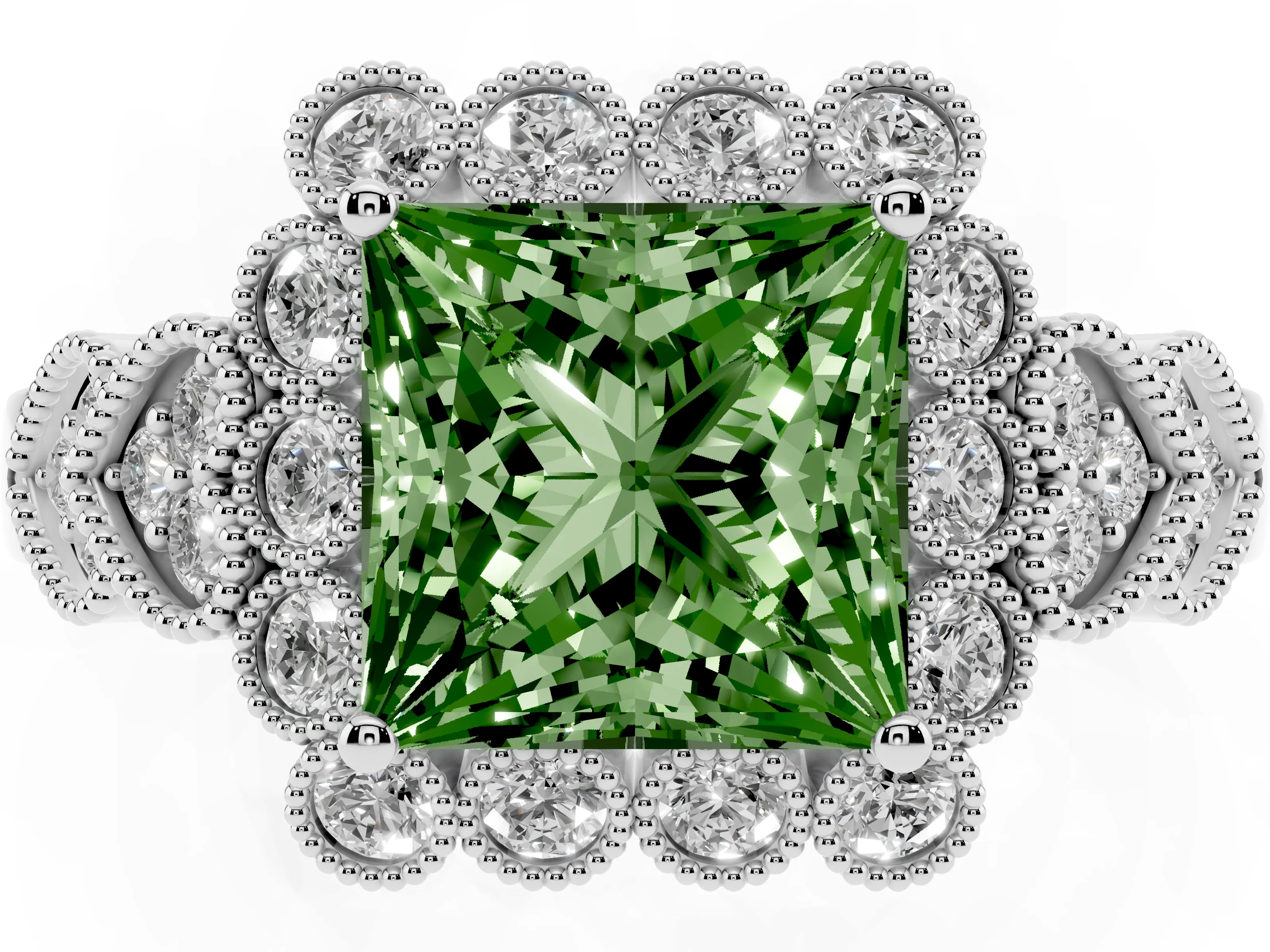 Fancy Green Princess Cut Diamond Solitaire Ring Set in Platinum with Milgrain Pavé Heart Band
