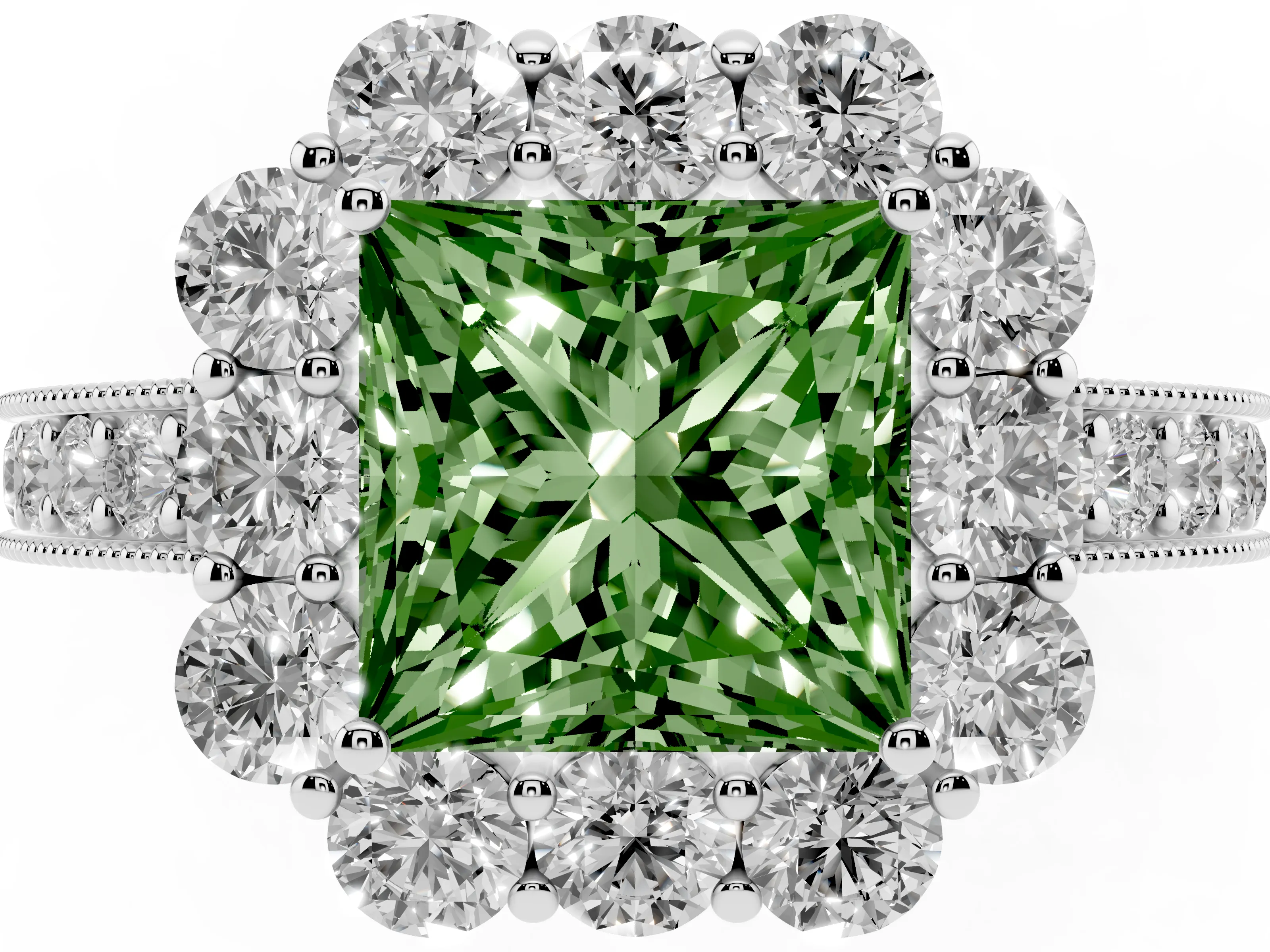 Fancy Green Princess Cut Diamond Halo Pavé Engagement Ring Set in White gold with Milgrain Detailing