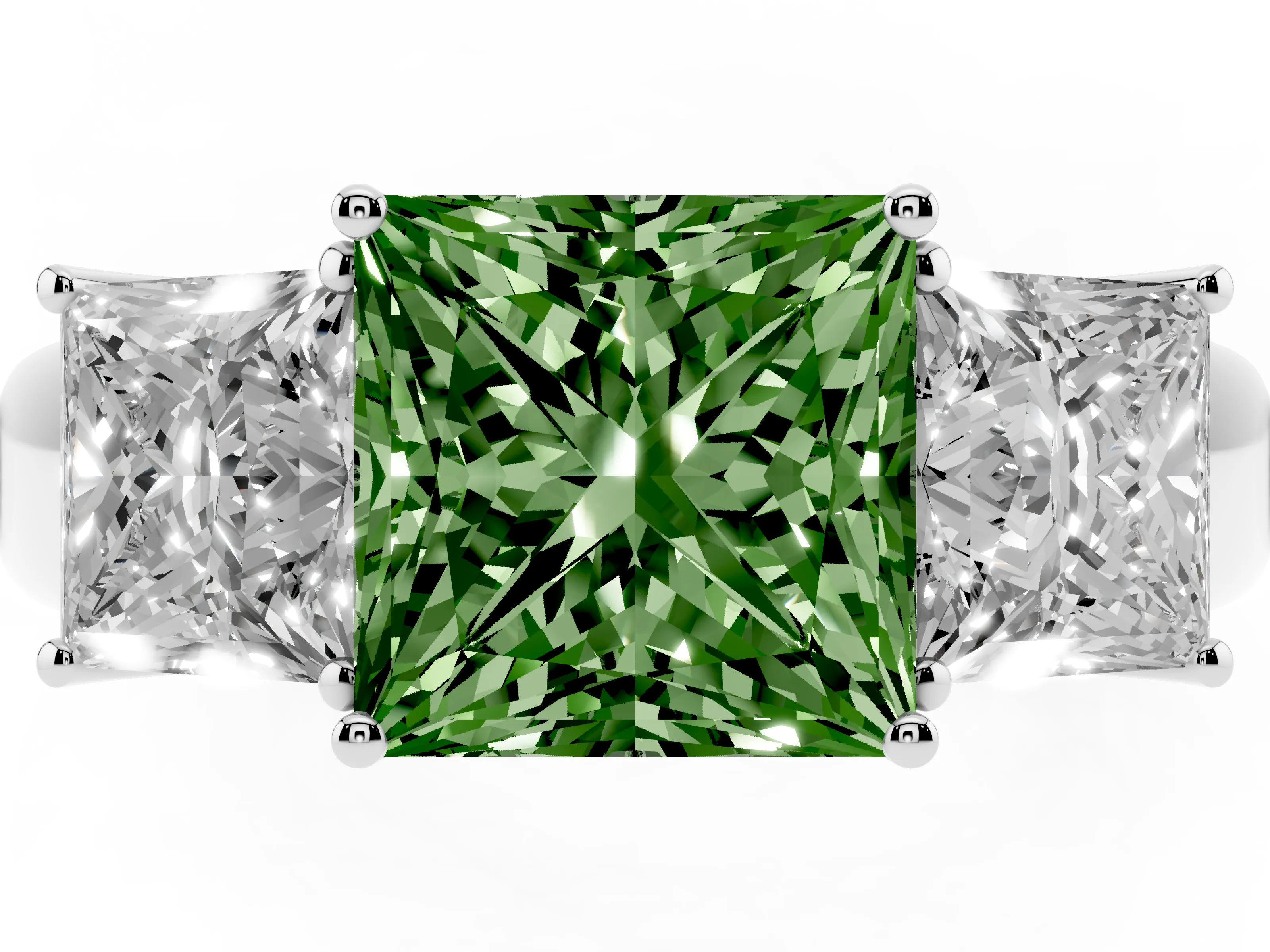 Fancy Green Three-Stone Princess Cut Diamond Ring Set in Platinum with Matching Prong Settings and Plain Band