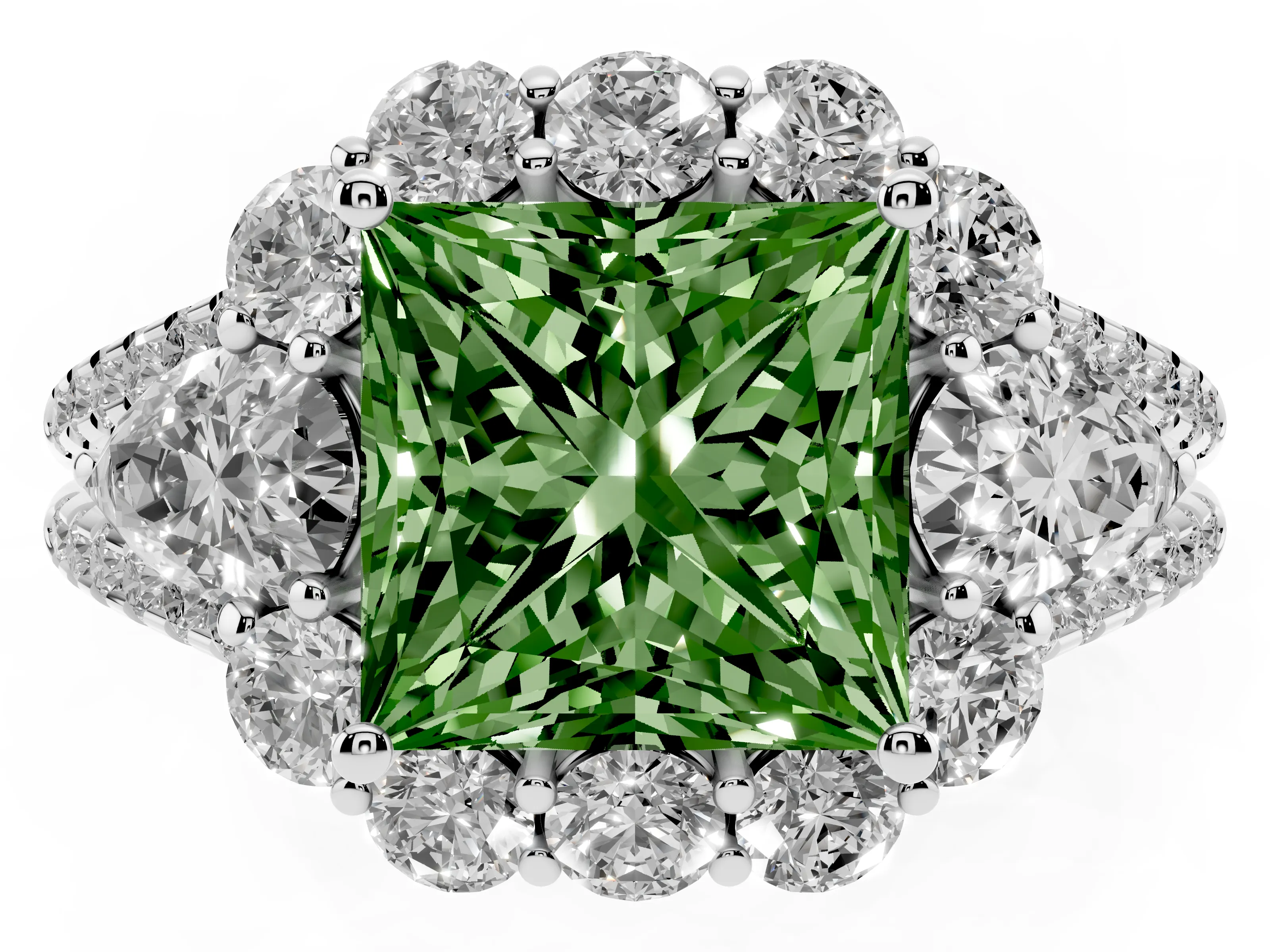 Fancy Green Princess Cut Diamond Halo Split Shank Engagement Ring Set in Platinum with Prong-Held Center Stone