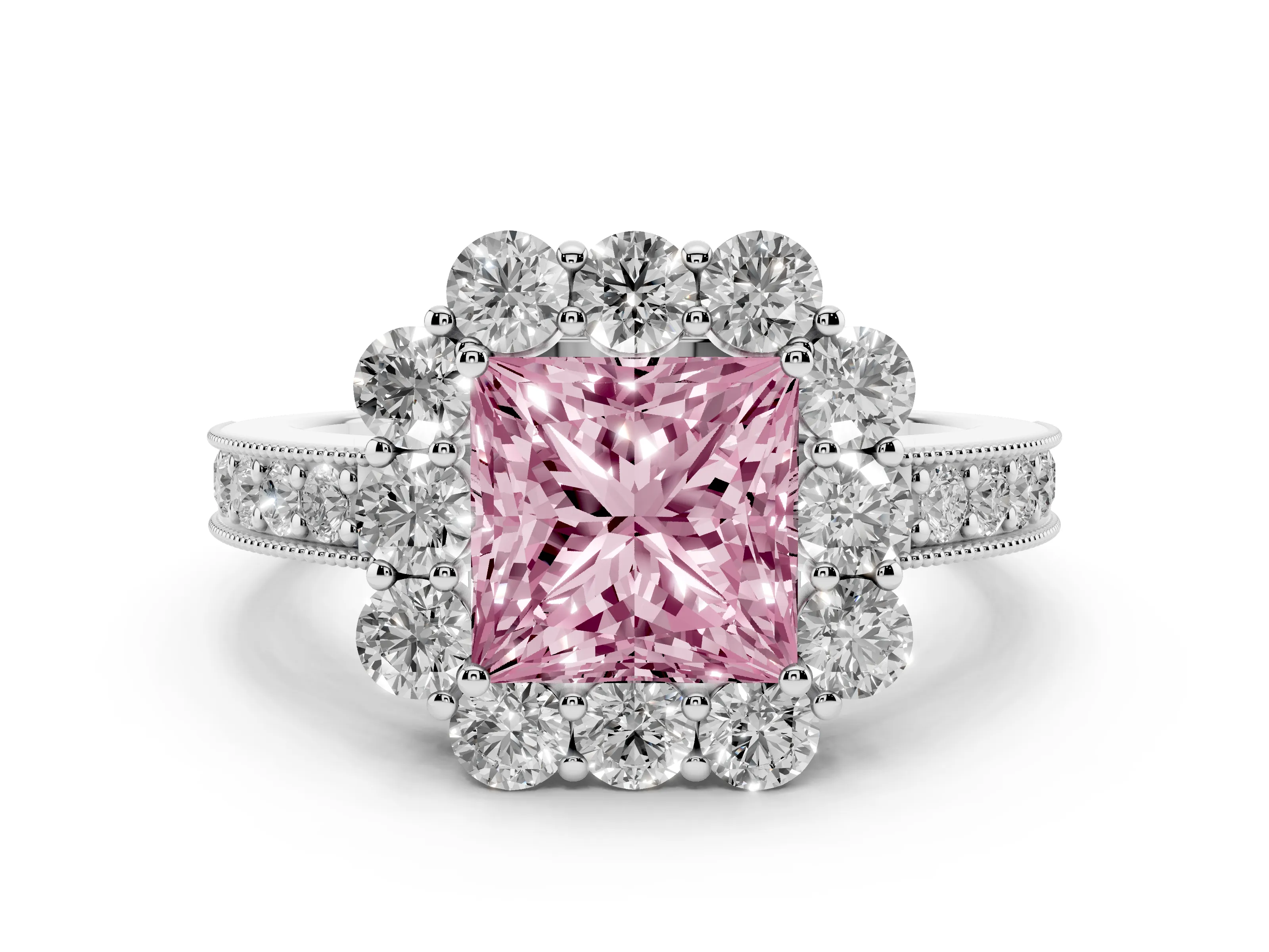 Fancy Pink Princess Cut Diamond Halo Pavé Engagement Ring Set in White gold with Milgrain Detailing