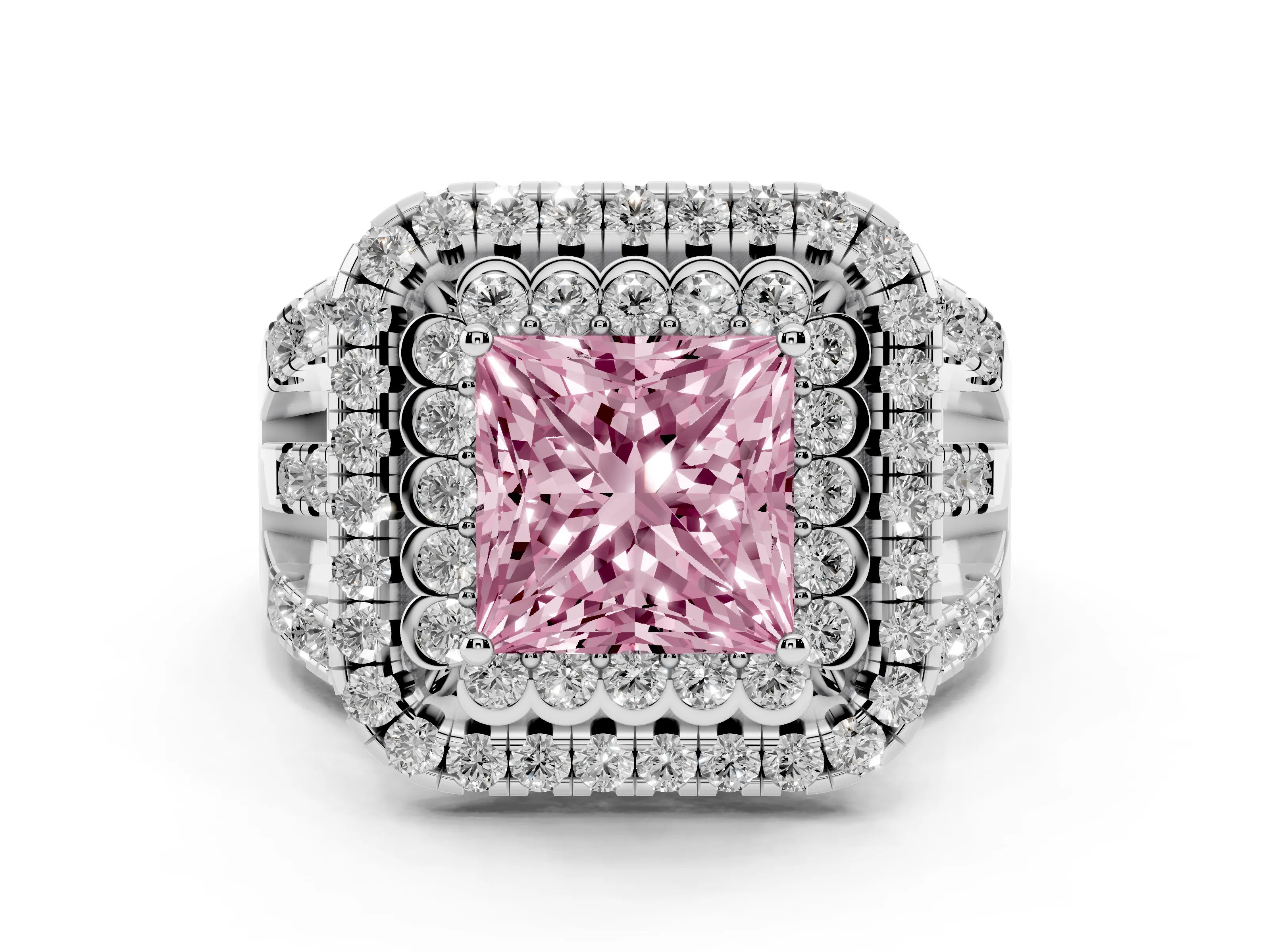 Fancy Pink Princess Cut Diamond Double Halo Ring Set in White gold with Round Pavé Split Shank