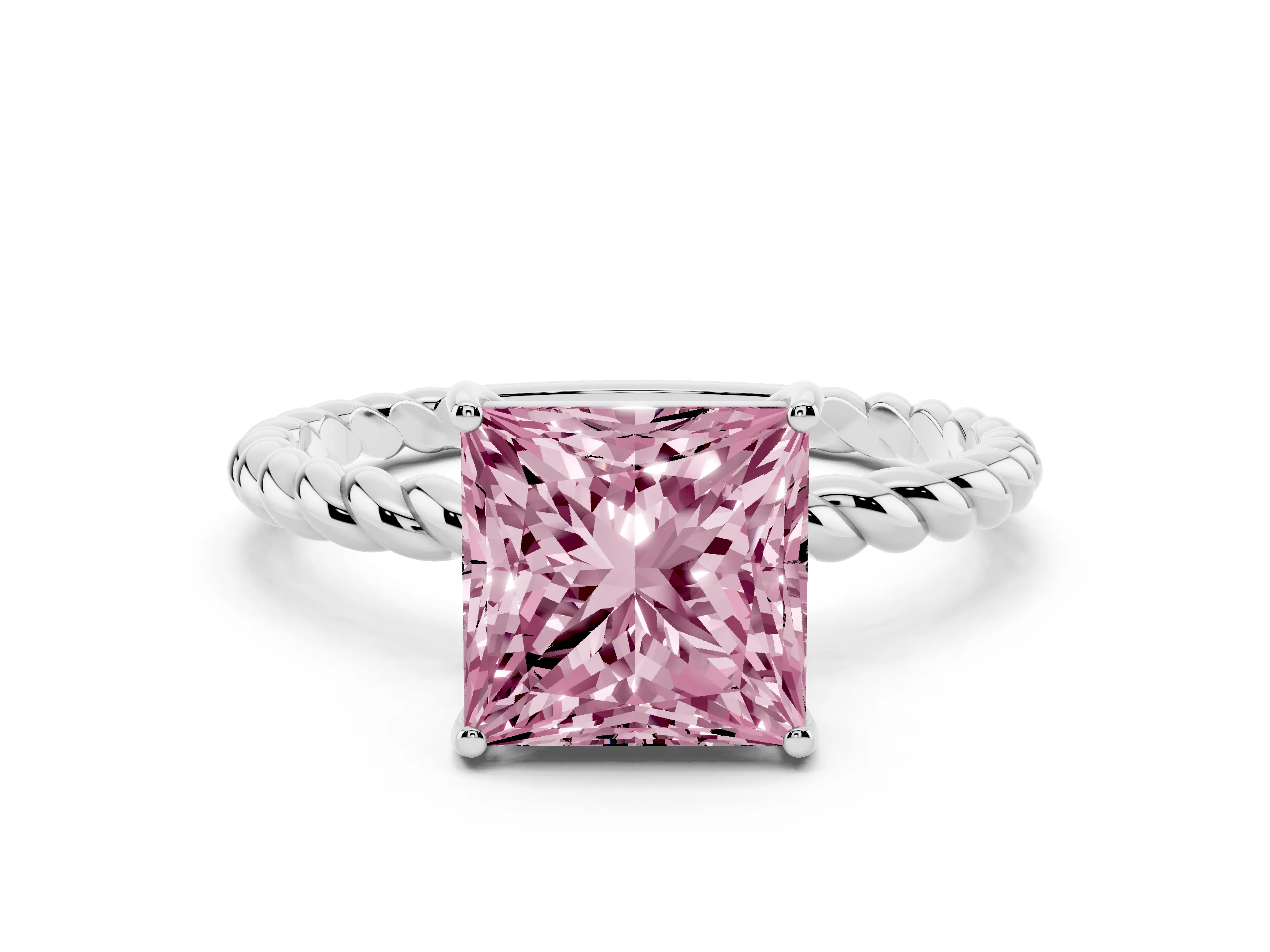 Fancy Pink Princess Cut Diamond Solitaire Ring Set in Platinum with Twist Band and Prong Setting