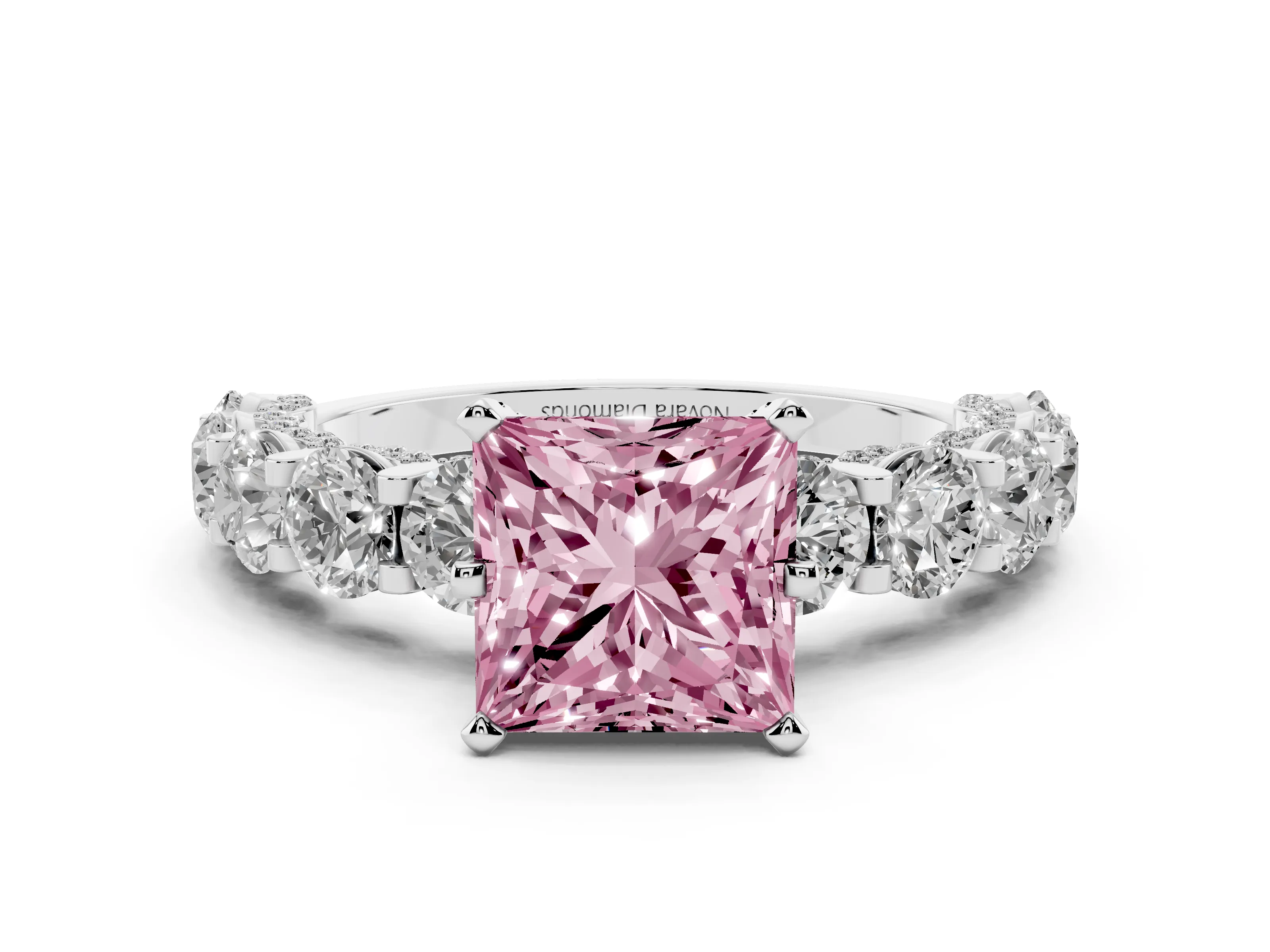 Fancy Pink Princess Cut Diamond Side Stone Ring Set in Platinum with Alternating Round and Oval Side Stones