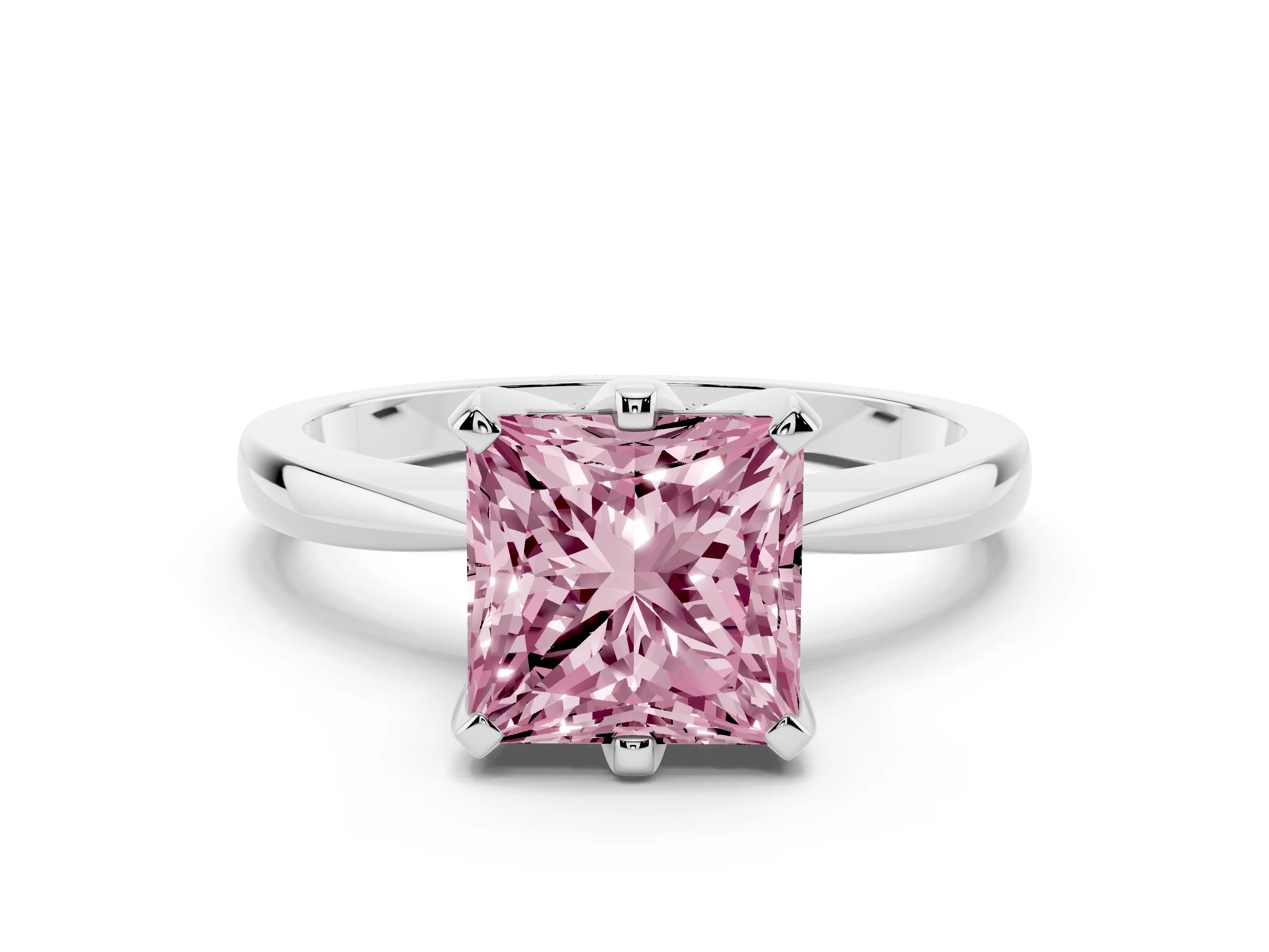 Fancy Pink Princess Cut Diamond Solitaire Engagement Ring Set in White gold with Slim Tapered Solitaire Band