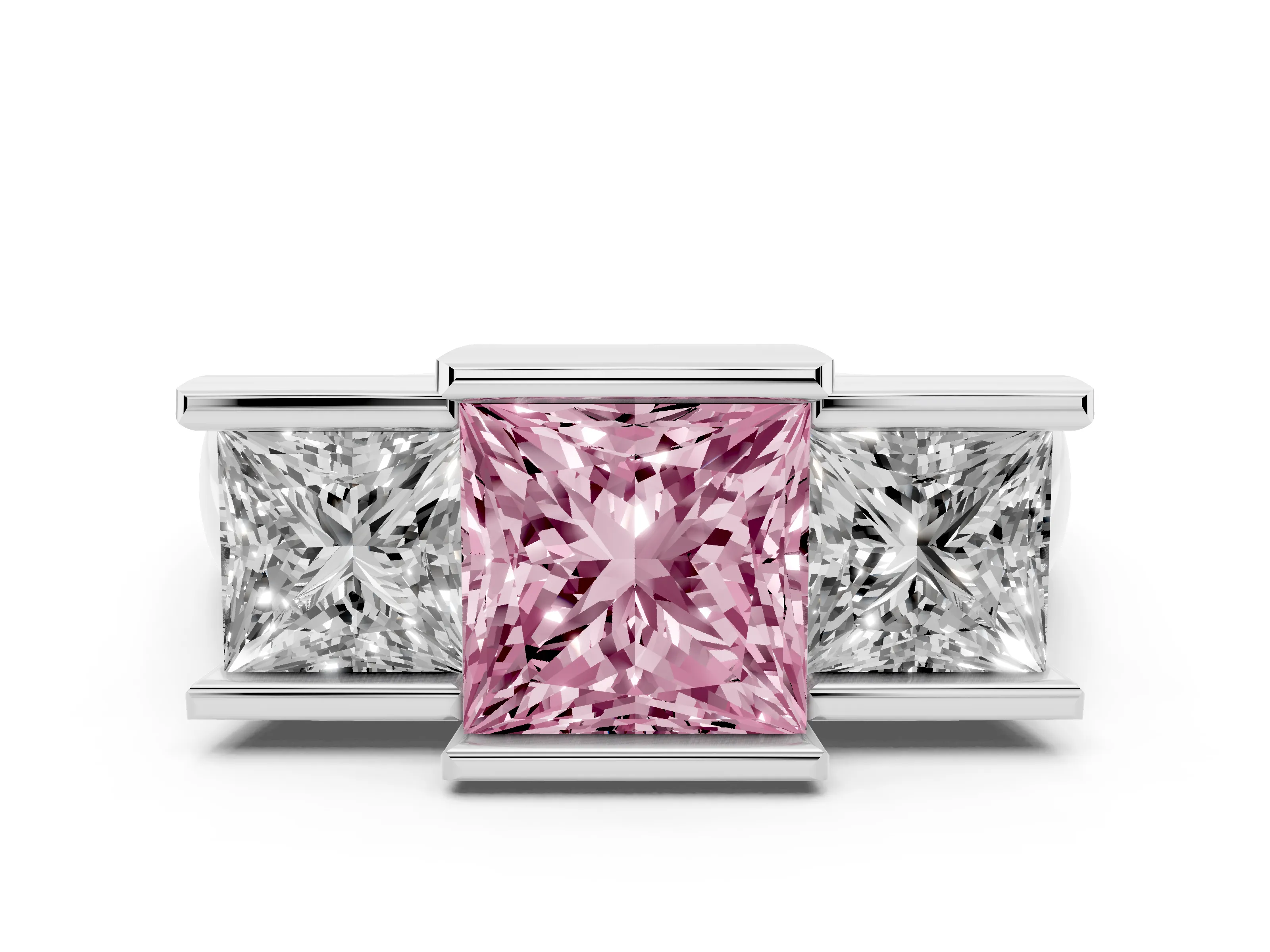 Fancy Pink Princess Cut Diamond Three-Stone Channel Set Ring Set in Silver with Smooth Polished Band