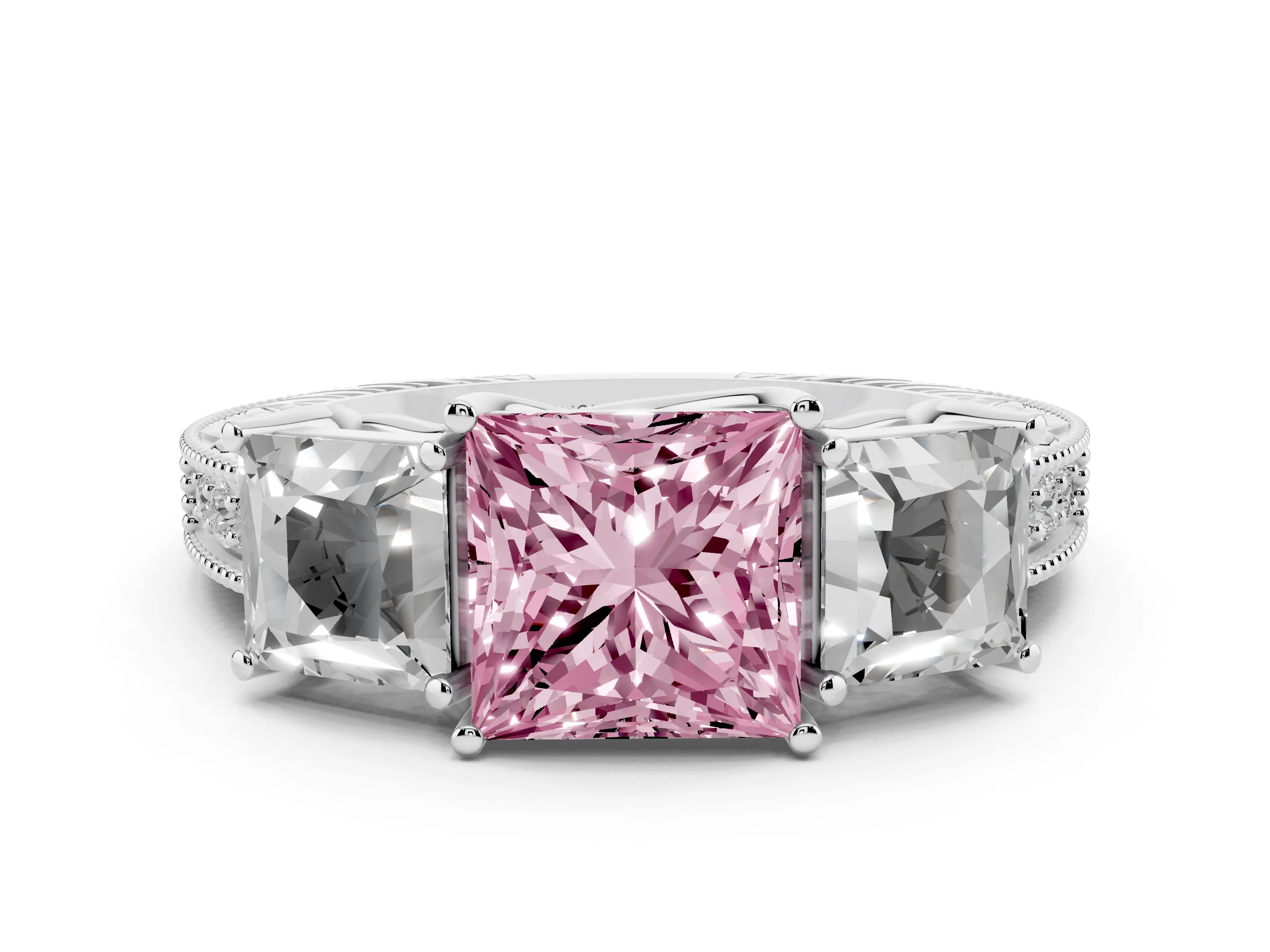 Fancy Pink Princess Cut Diamond Three-Stone Engagement Ring Set in White gold with Milgrain Pavé Band