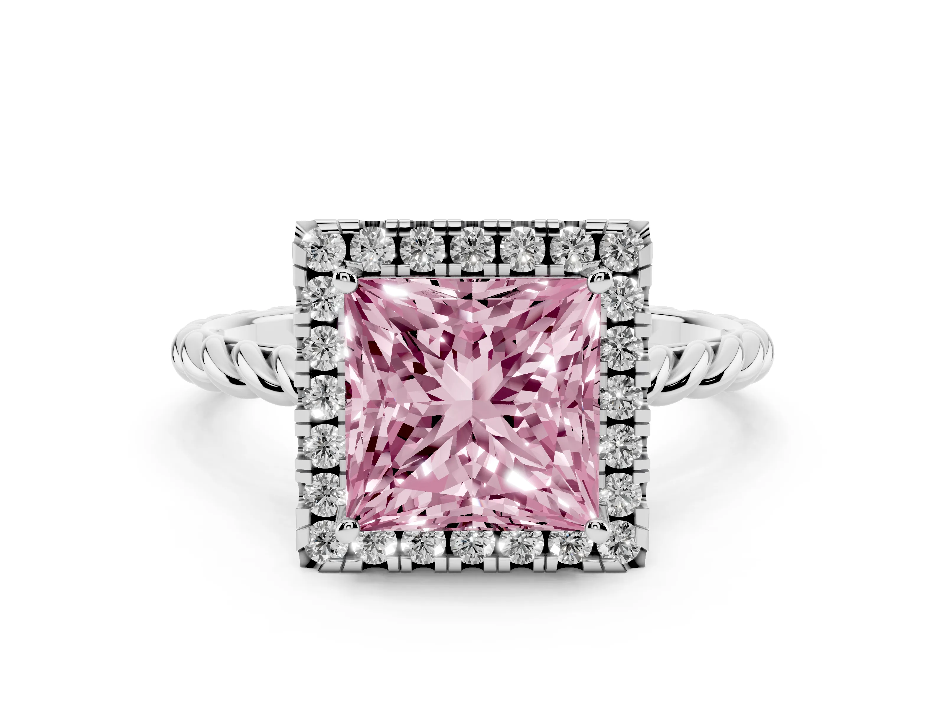 Fancy Pink Princess Cut Diamond Halo Ring Set in Platinum with Plain Twisted Band