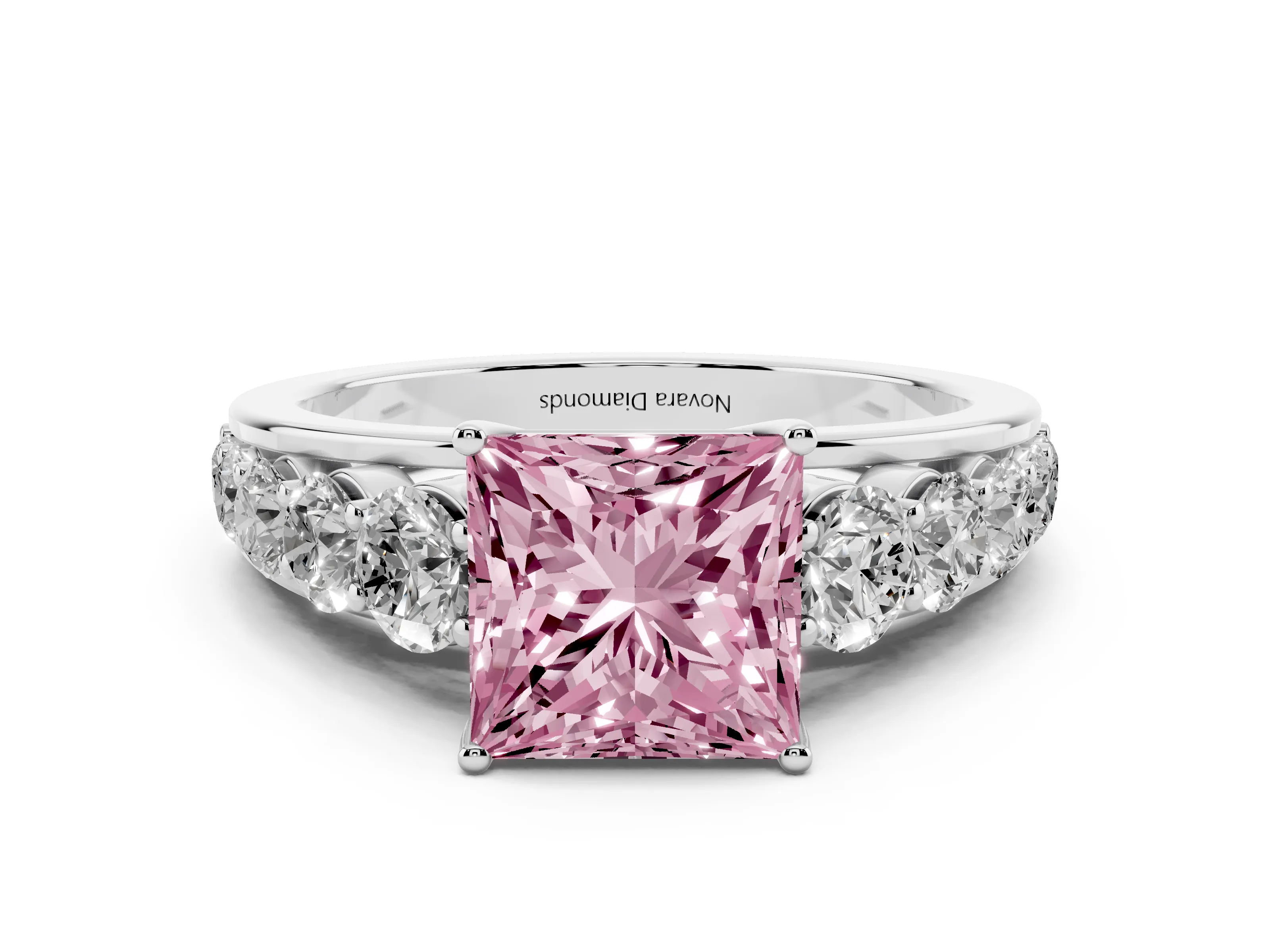 Fancy Pink Princess Cut Diamond Solitaire Ring Set in Platinum with Pavé-Set Band and Prong Setting